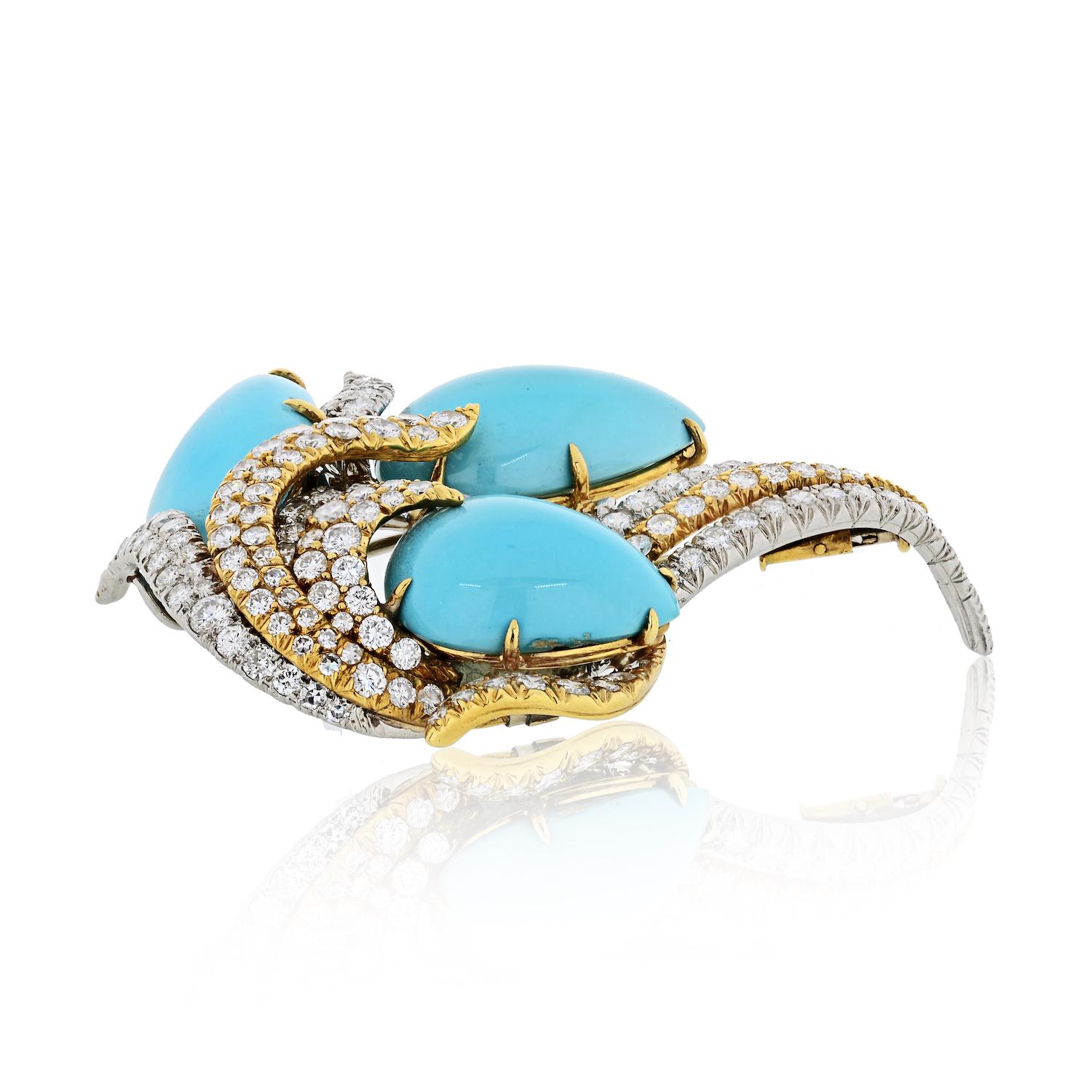 David Webb Platinum, Gold, Turquoise, Diamond Brooch In Excellent Condition In New York, NY