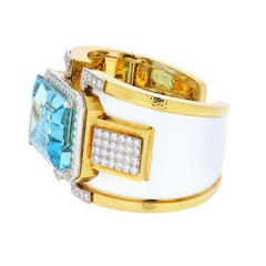 David Webb Platinum & Gold White Enamel Aquamarine Diamond Bracelet