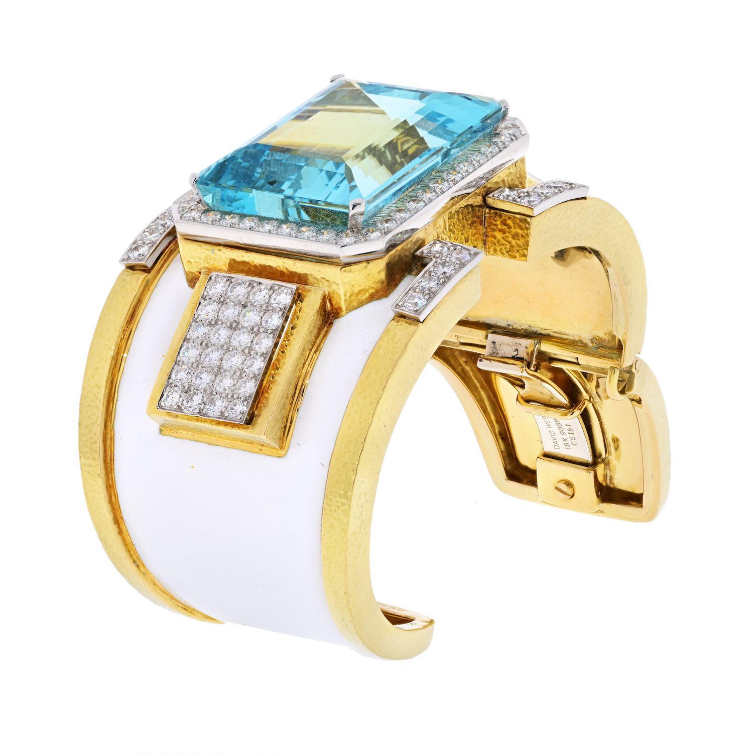 Round Cut David Webb Platinum & Gold White Enamel Aquamarine Diamond Bracelet