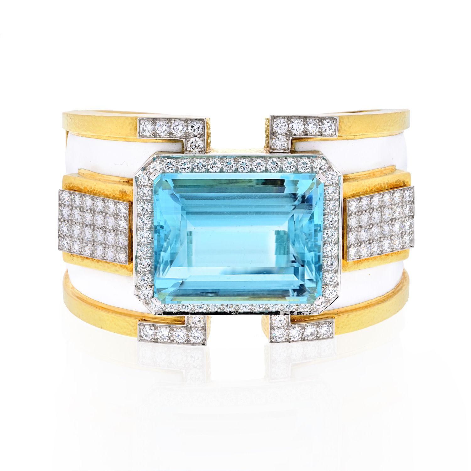 David Webb Platinum & Gold White Enamel Aquamarine Diamond Bracelet In Excellent Condition In New York, NY