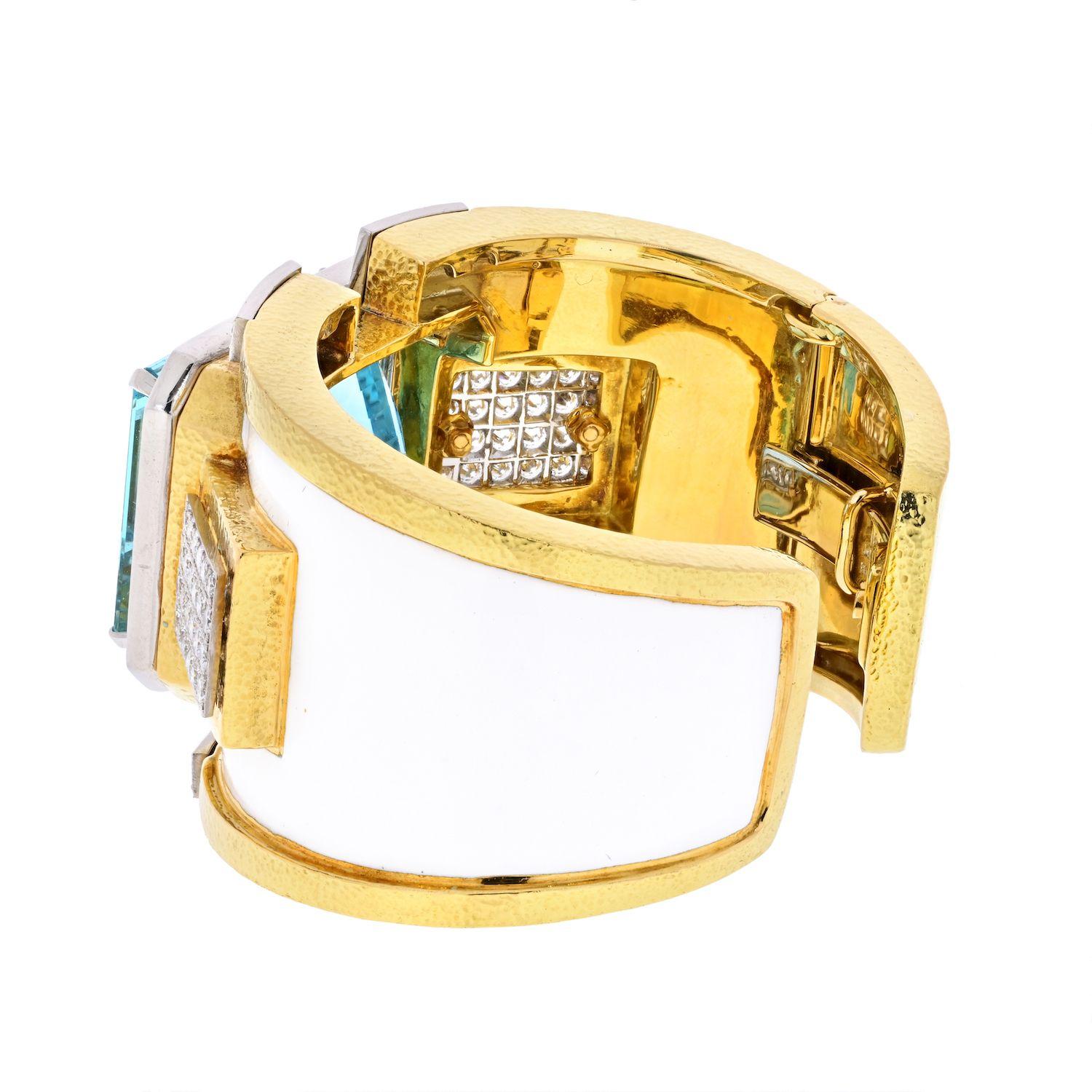 David Webb Platinum & Gold White Enamel Aquamarine Diamond Bracelet 1