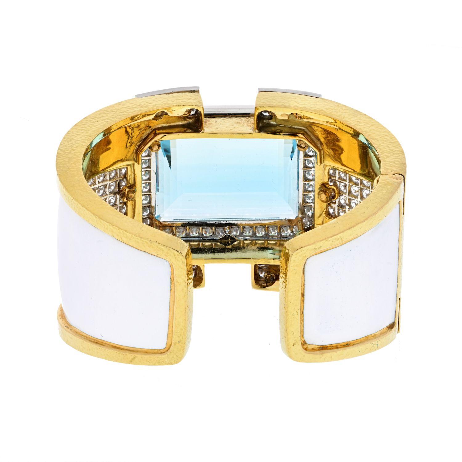 David Webb Platinum & Gold White Enamel Aquamarine Diamond Bracelet 2