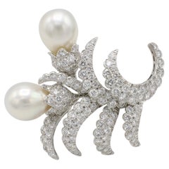 David Webb Platinum Natural 12.00 Carat Diamond & Pearl Brooch Pin Clip