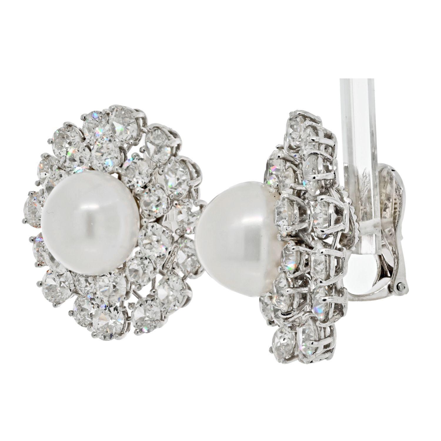 Modern David Webb Platinum Old Cut and Old European Cluster Pearl Clip on Earrings For Sale