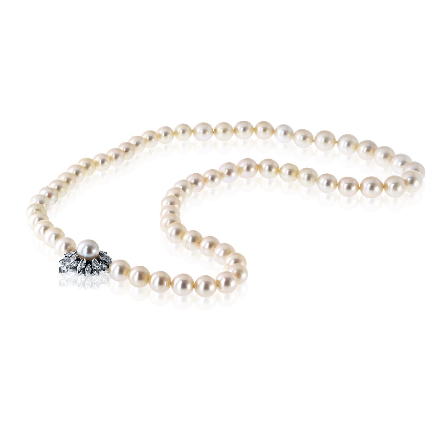 Marquise Cut David Webb Platinum Pearl Necklace Strand With A Diamond Clasp For Sale