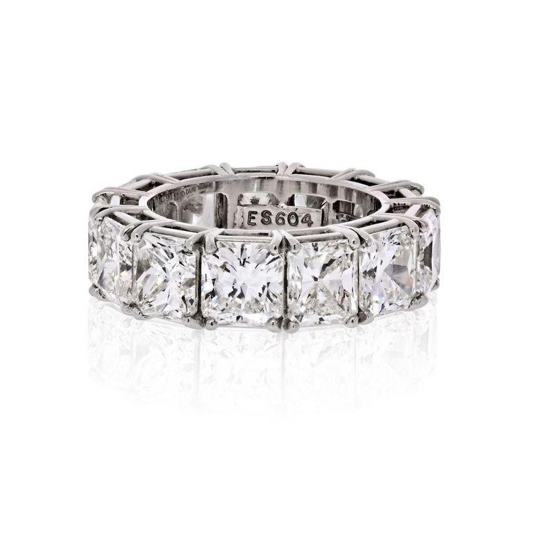 David Webb platinum eternity band is made with 12.92 carats of radiant cut diamonds. Every diamond on this band is GIA certified. This diamond wedding band is stunning the way these stones sit completely around the whole platinum ring.
Mounted with