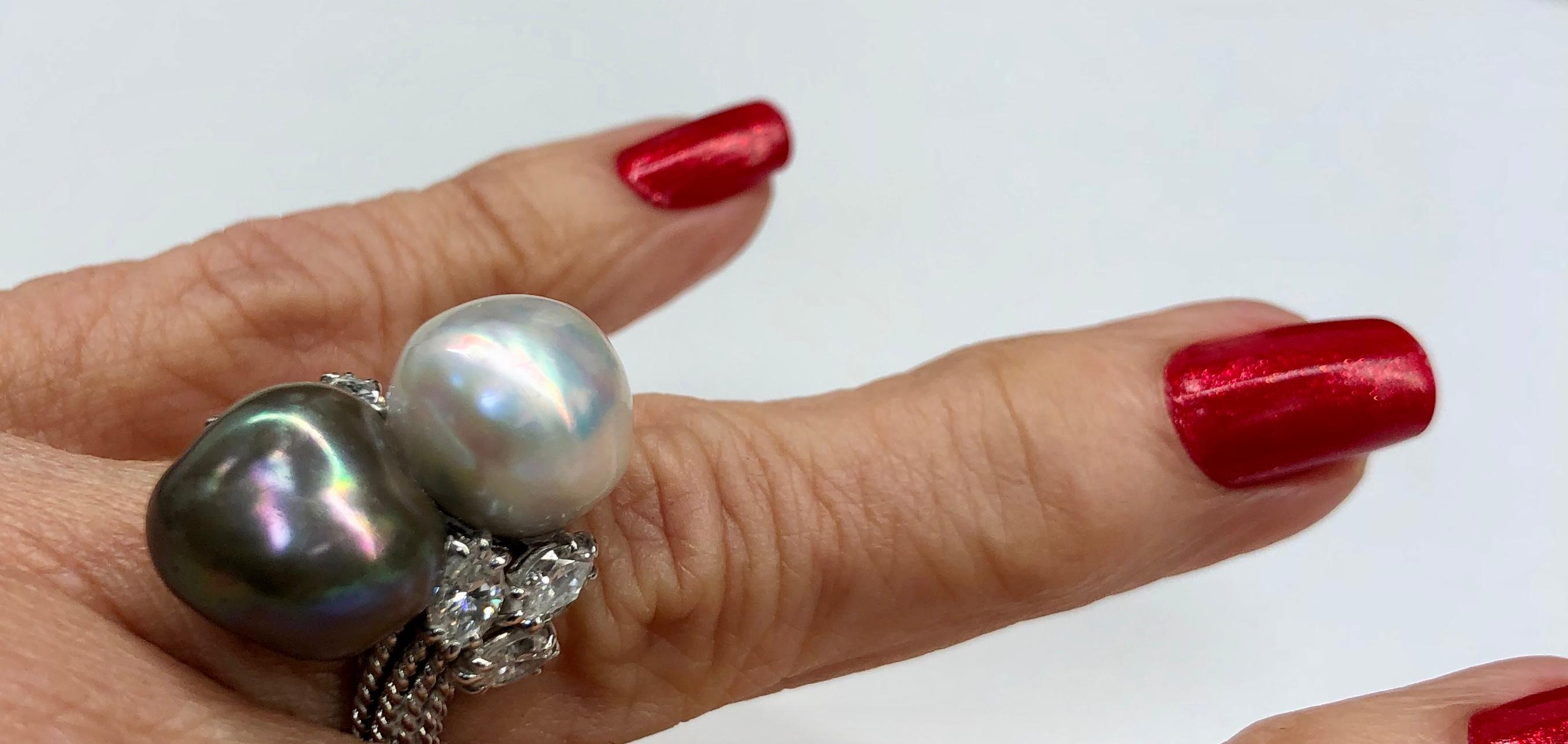 Women's David Webb South Sea Pearl and Diamond Ring in Platinum