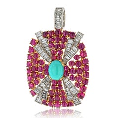 David Webb Platinum Turquoise, Diamond And Ruby Pendant