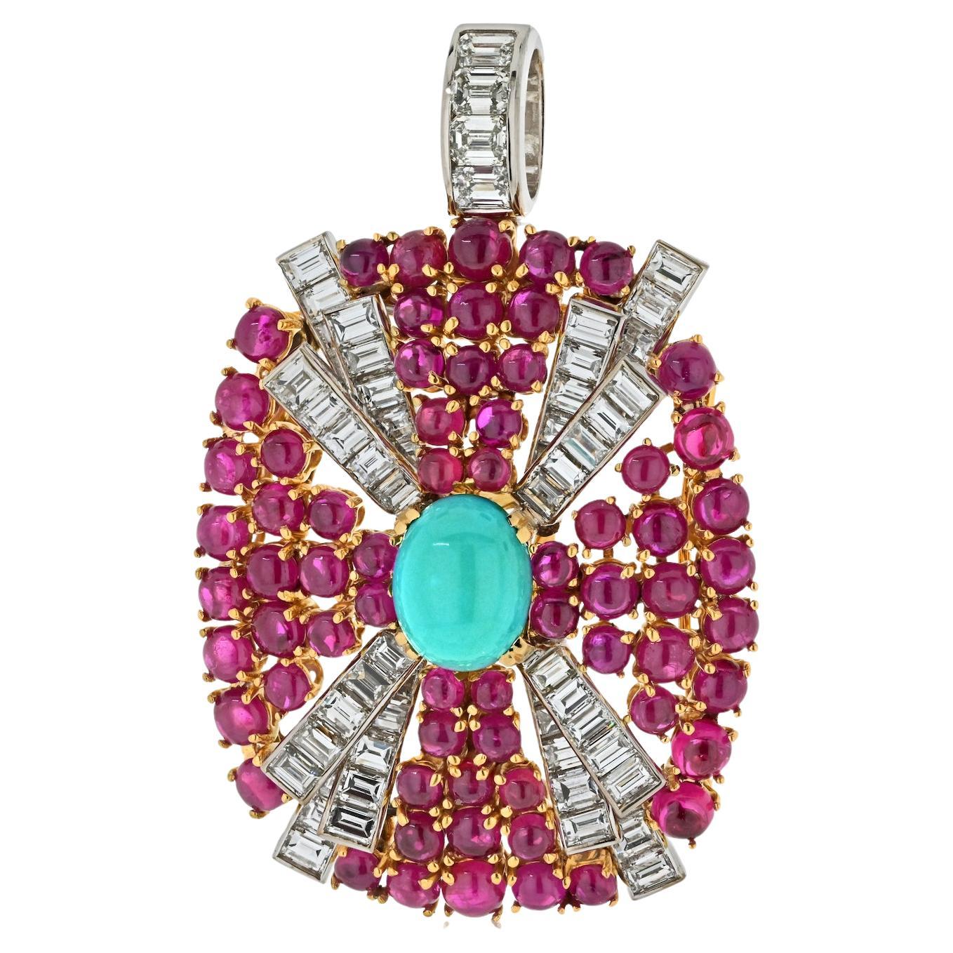 David Webb Platinum Turquoise, Diamond And Ruby Pendant