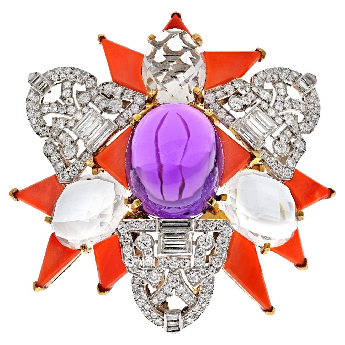 David Webb Platinum & Yellow Gold Amethyst, Coral and Rock Crystal Star Brooch For Sale