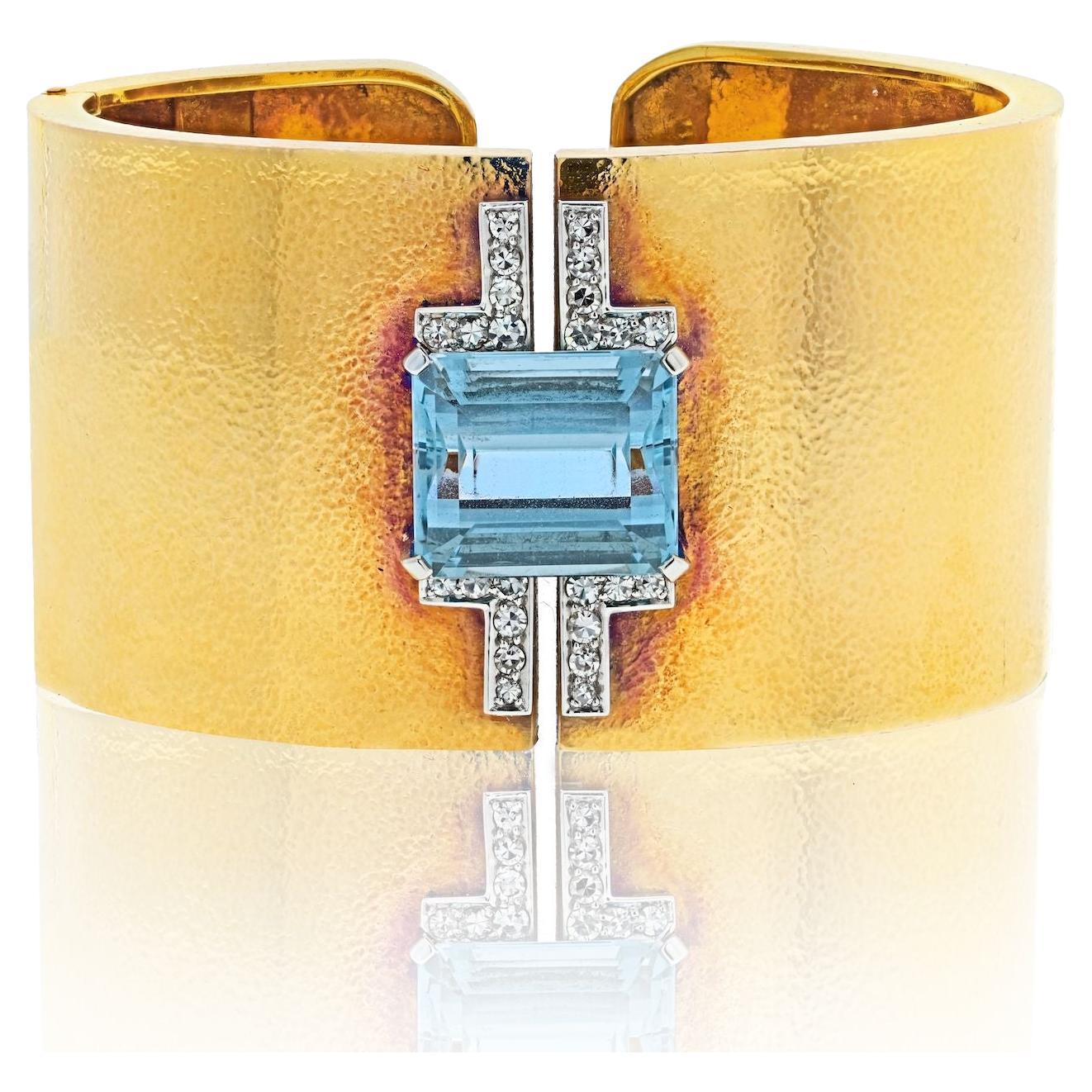 David Webb Platinum & Yellow Gold Aquamarine And Diamond Hinged Cuff Bracelet