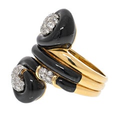 David Webb Platinum & Yellow Gold Black Enamel Swirl Design Pave Diamond Ring
