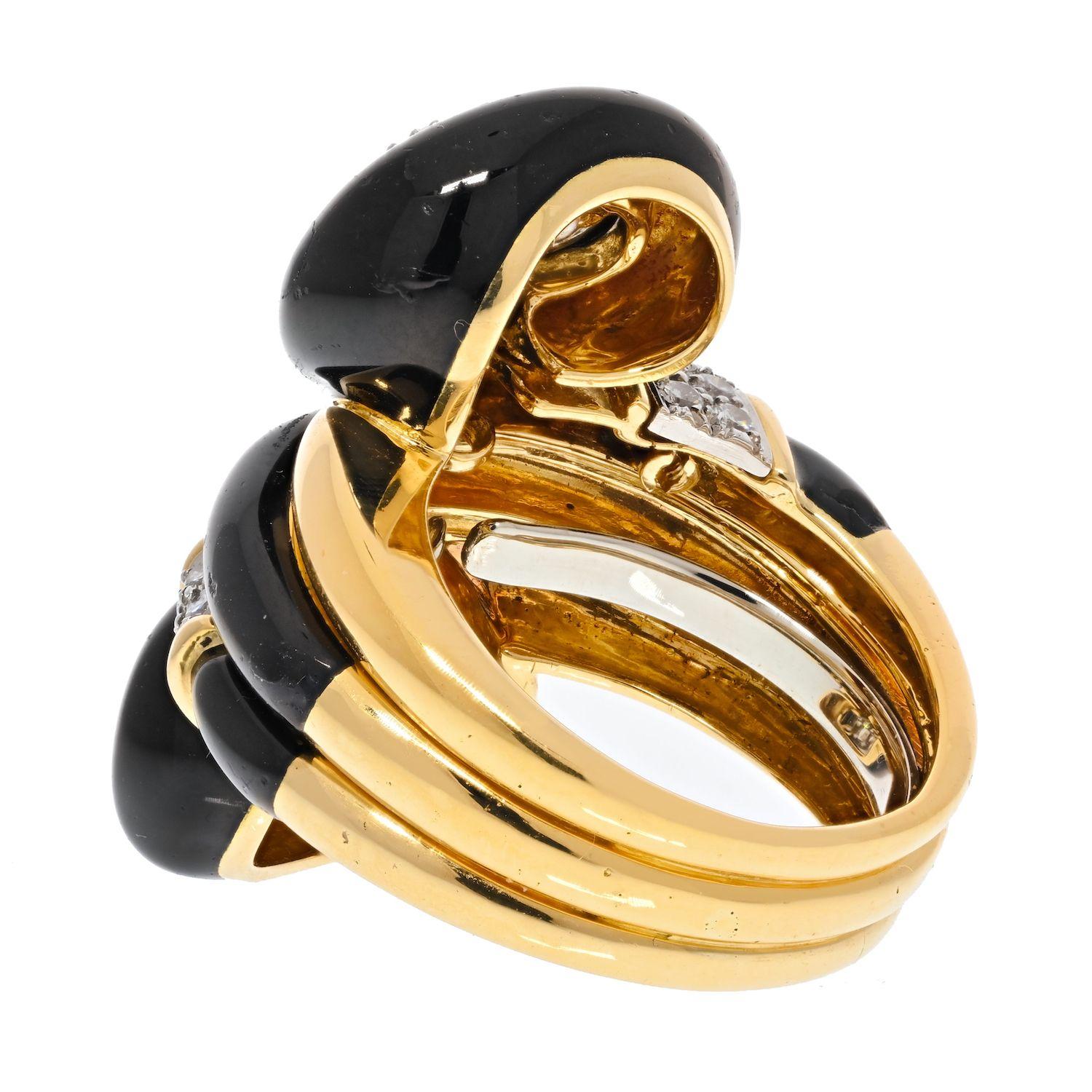 Round Cut David Webb Platinum & Yellow Gold Black Enamel Swirl Design Pave Diamond Ring For Sale
