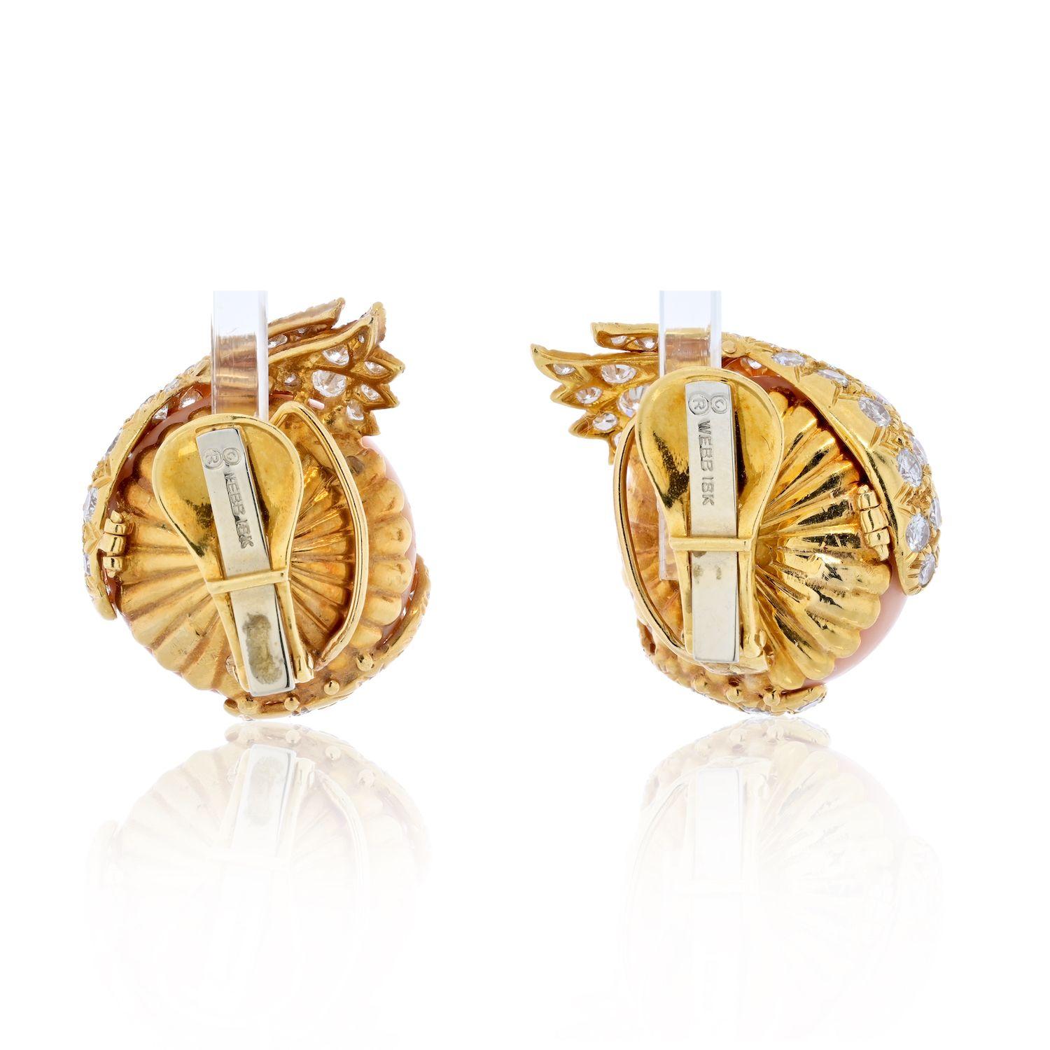 Modern David Webb Platinum & Yellow Gold Button Light Pink Coral and Diamond Earrings