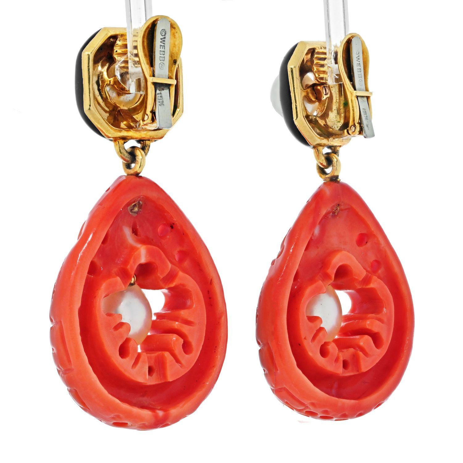 Modern David Webb Platinum & Yellow Gold Cultured Pearl, Coral and Enamel Clip Earrings For Sale