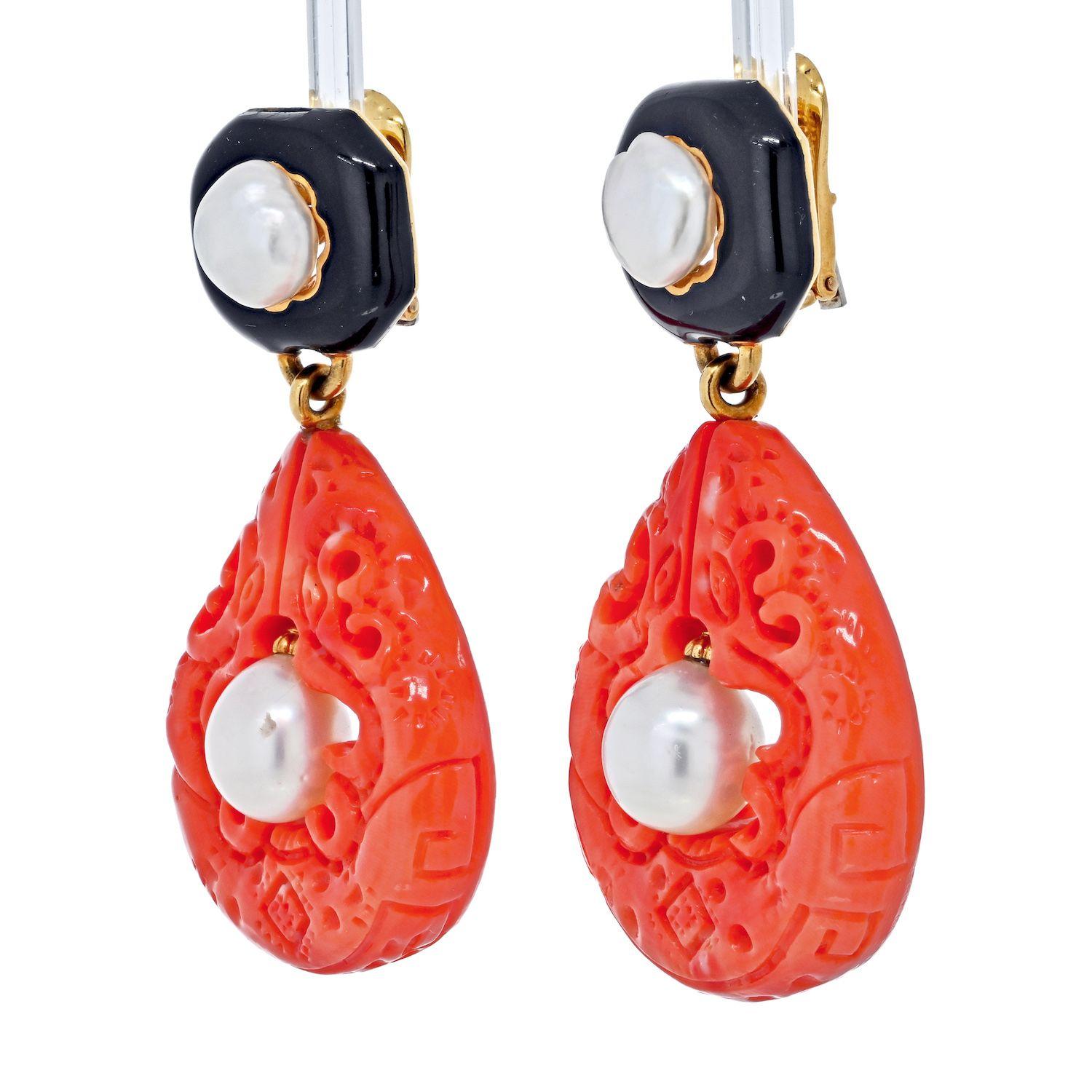 Round Cut David Webb Platinum & Yellow Gold Cultured Pearl, Coral and Enamel Clip Earrings For Sale