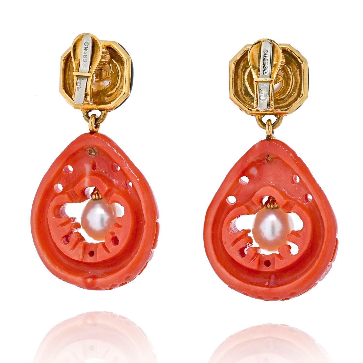 David Webb Platinum & Yellow Gold Cultured Pearl, Coral and Enamel Clip Earrings In Excellent Condition For Sale In New York, NY