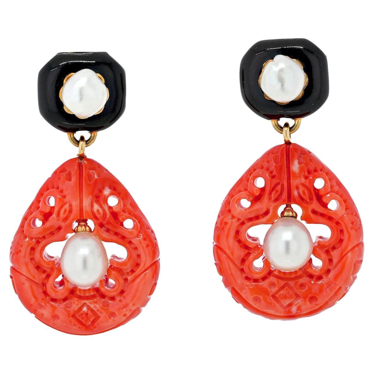 David Webb Platinum & Yellow Gold Cultured Pearl, Coral and Enamel Clip Earrings