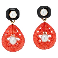 Vintage David Webb Platinum & Yellow Gold Cultured Pearl, Coral and Enamel Clip Earrings