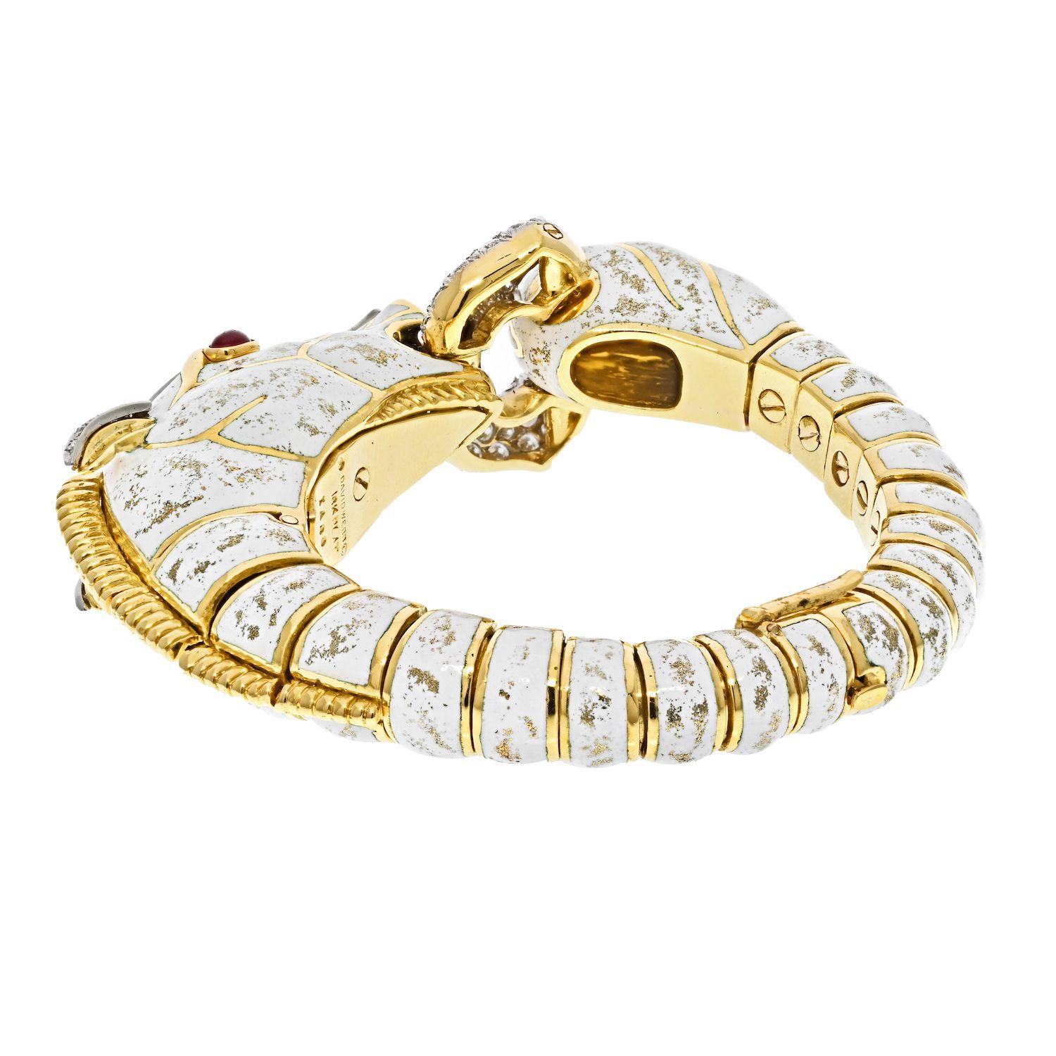 Round Cut David Webb Platinum & Yellow Gold Dappled White Enamel Diamond Horse Bracelet For Sale