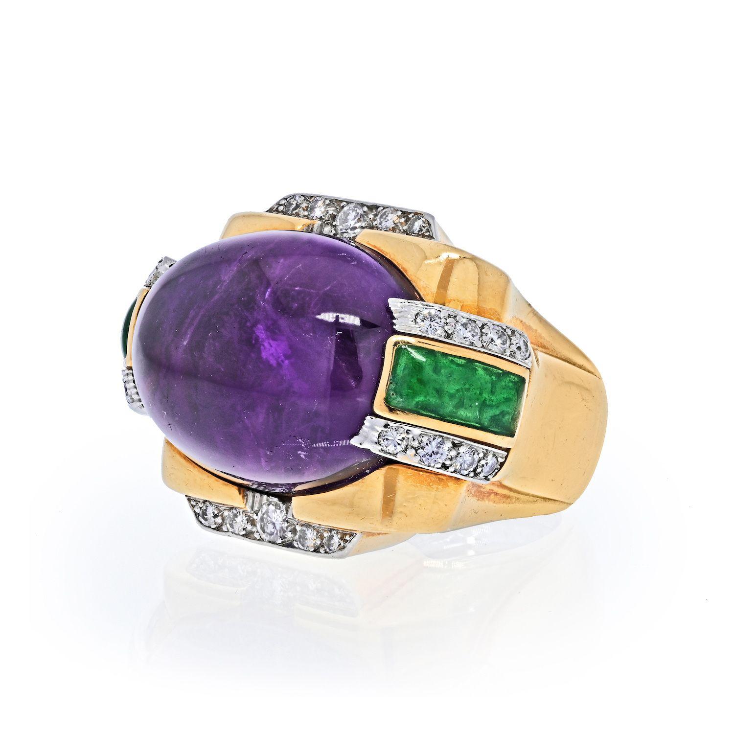 Famous for his bold use of color and his extraordinary statement jewels, David Webb also made beautiful pieces for everyday wear. The ring centers on an oval cabochon amethyst surrounded by round brilliant-cut diamonds and accented by green enamel.
