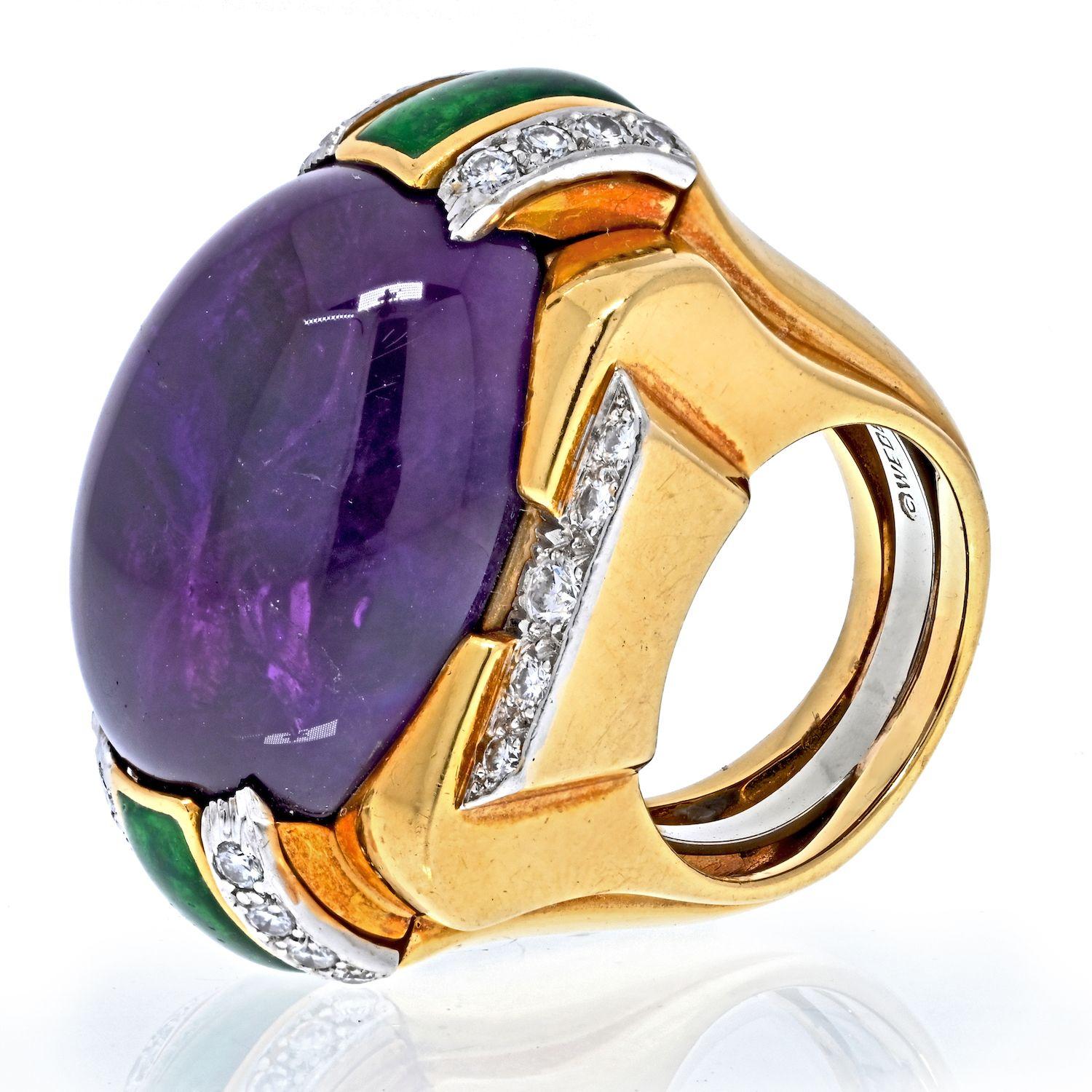Oval Cut David Webb Platinum & Yellow Gold Oval Amethyst, Green Enamel And Diamond Ring For Sale