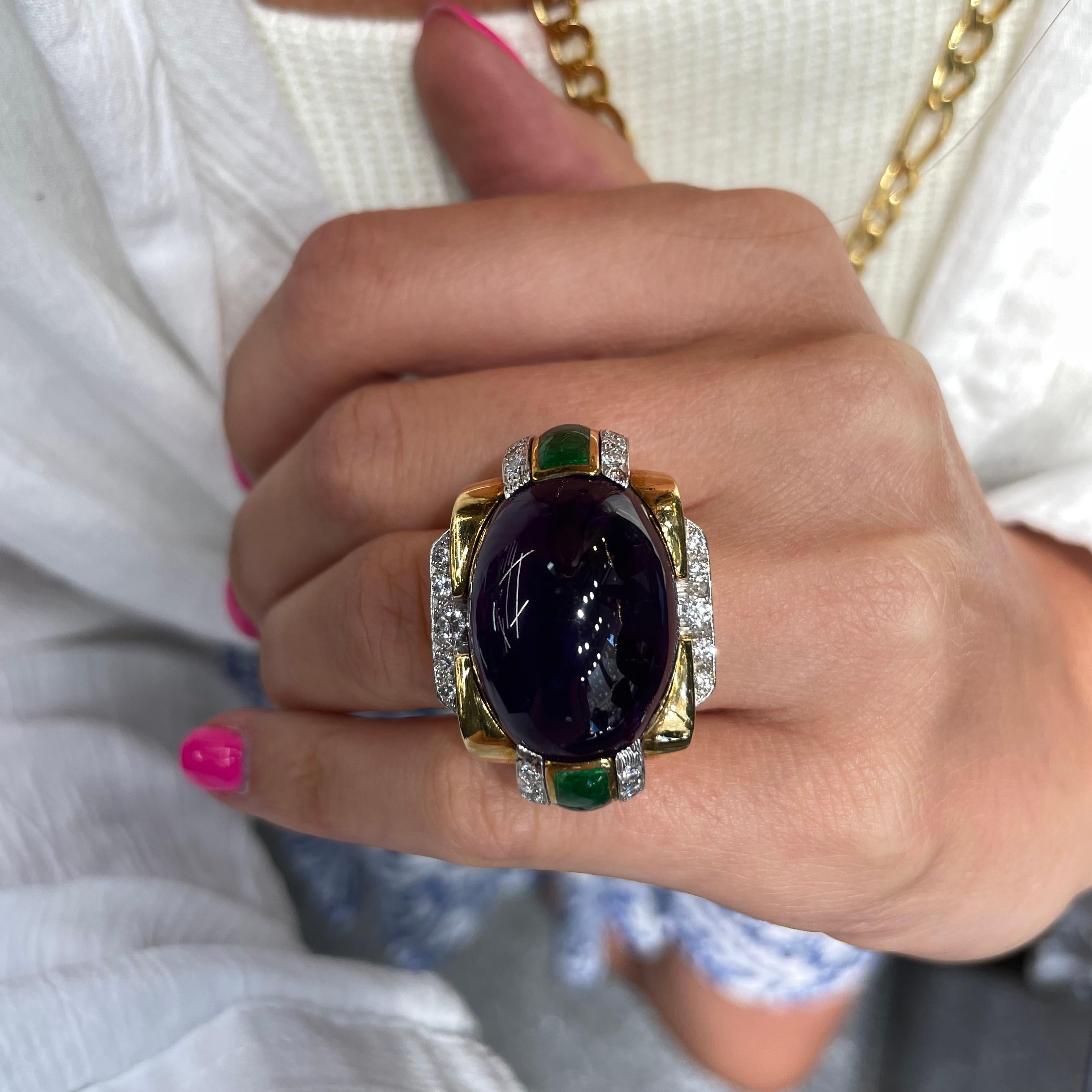 David Webb Platinum & Yellow Gold Oval Amethyst, Green Enamel And Diamond Ring For Sale 3