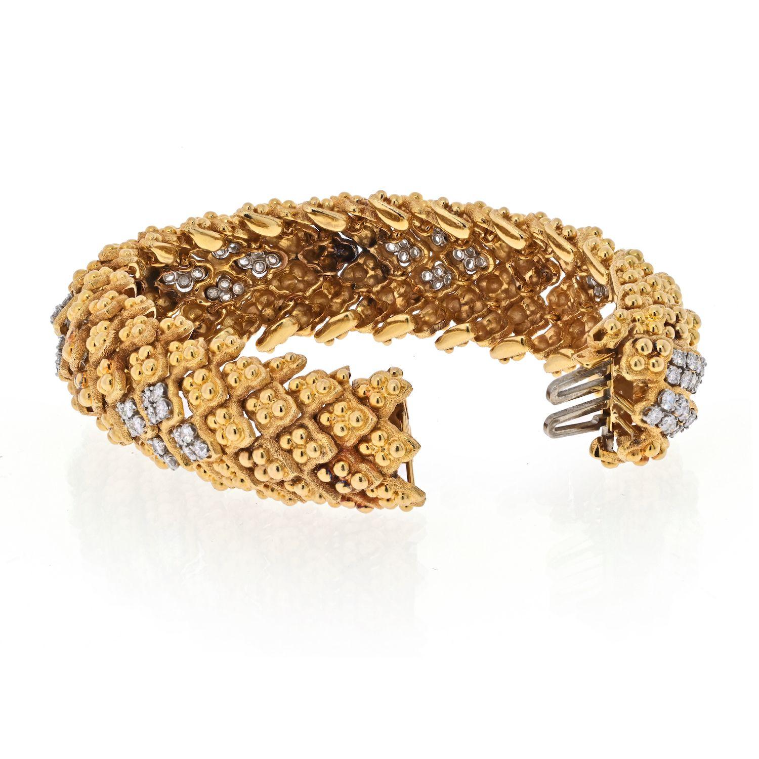 Round Cut David Webb Platinum & Yellow Gold Warty Textured Diamond Sections Wide Bracelet For Sale
