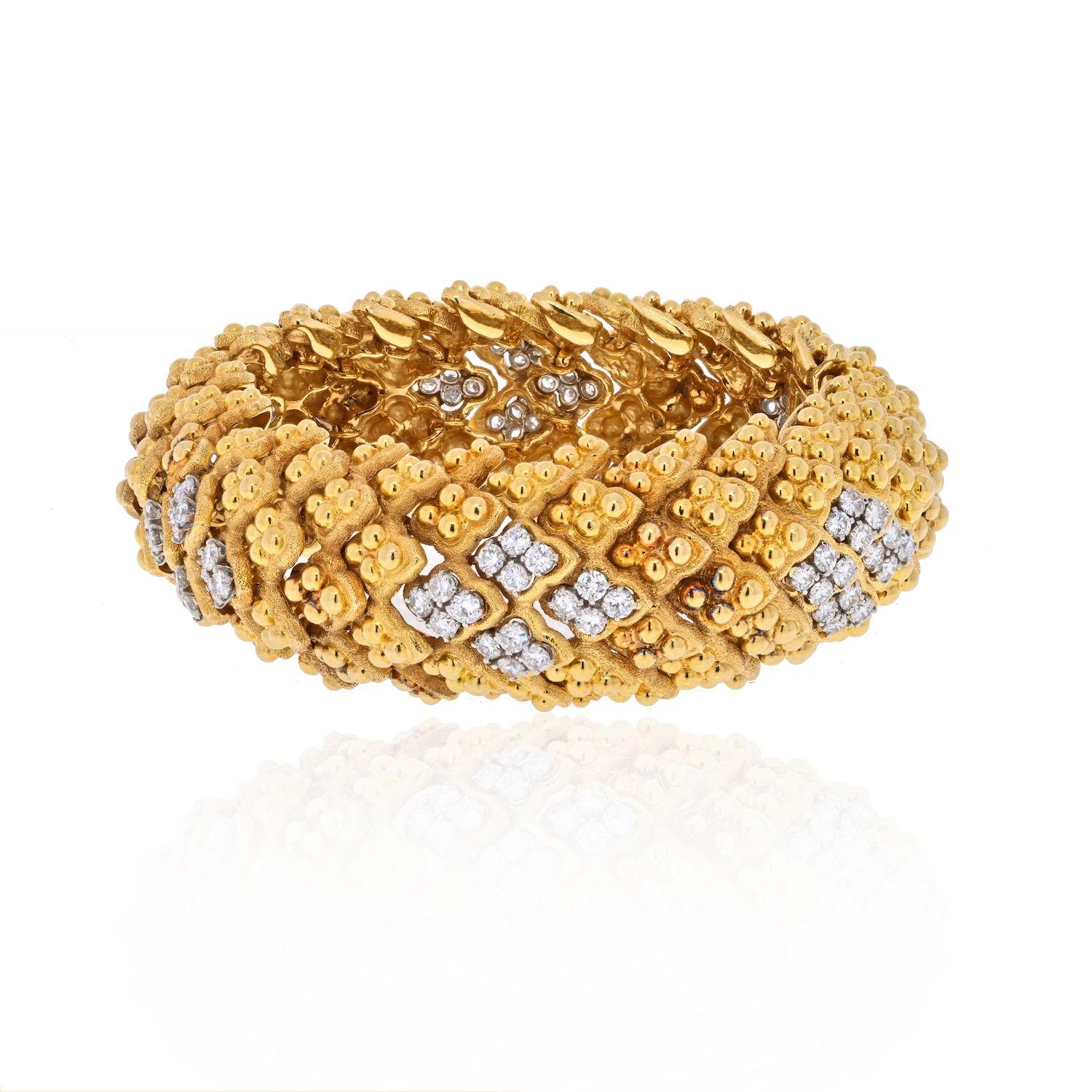 David Webb Platinum & Yellow Gold Warty Textured Diamond Sections Wide Bracelet In Excellent Condition For Sale In New York, NY