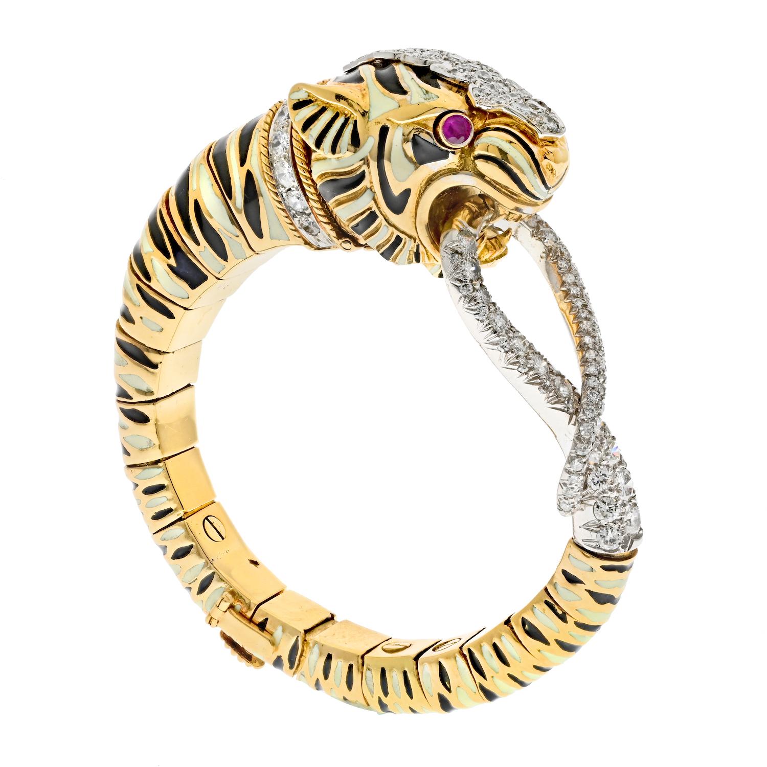 Modern David Webb Platinum & Yellow Gold White And Balck Enamel Tiger Diamond Bracelet For Sale