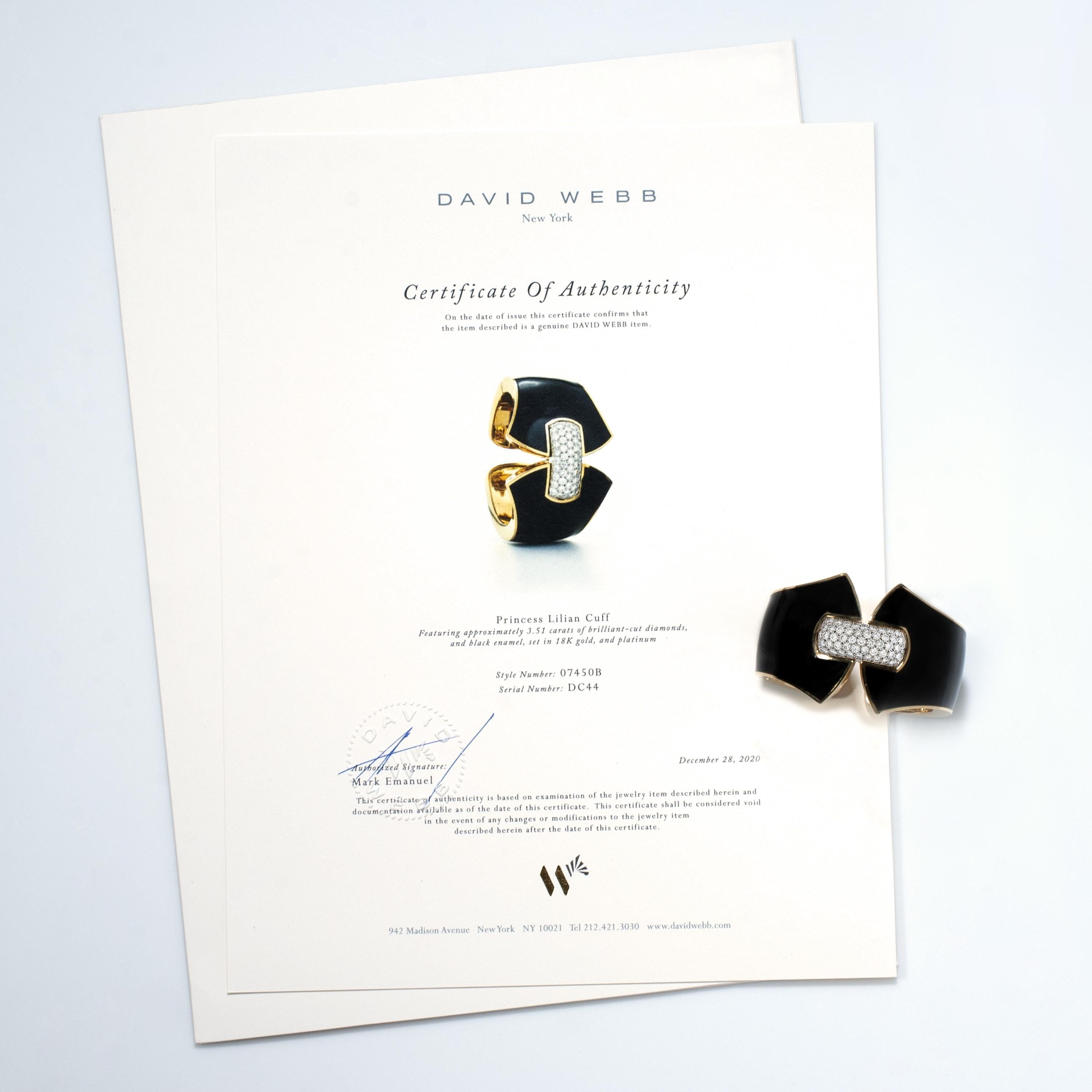 David Webb Prinzessin Lilian Diamant und schwarze Emaille Manschettenarmband aus 18 Karat Gold im Zustand „Hervorragend“ im Angebot in Philadelphia, PA
