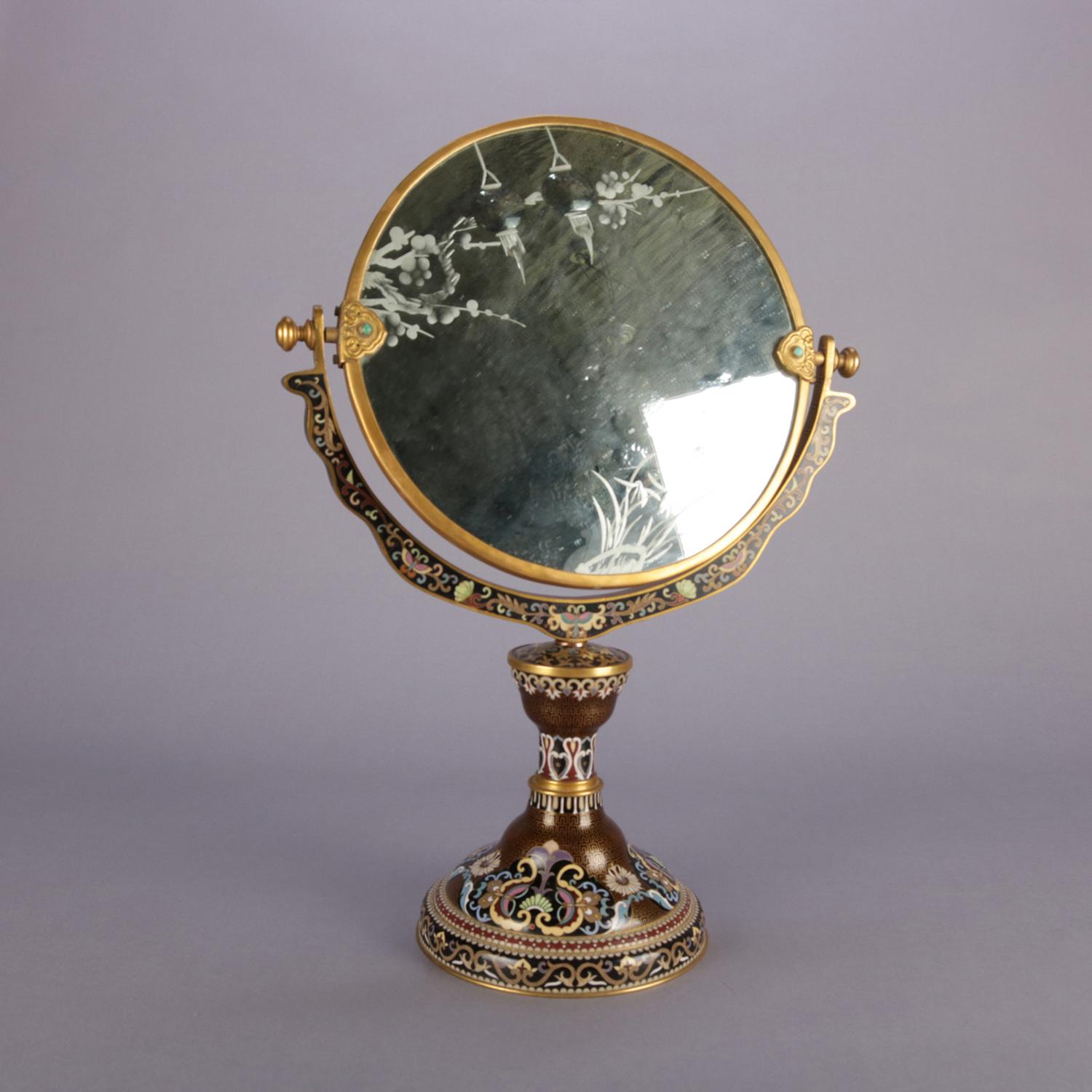 Antique Chinese Cloisonné Vanity Mirror with Etched Glass, 19th Century 7