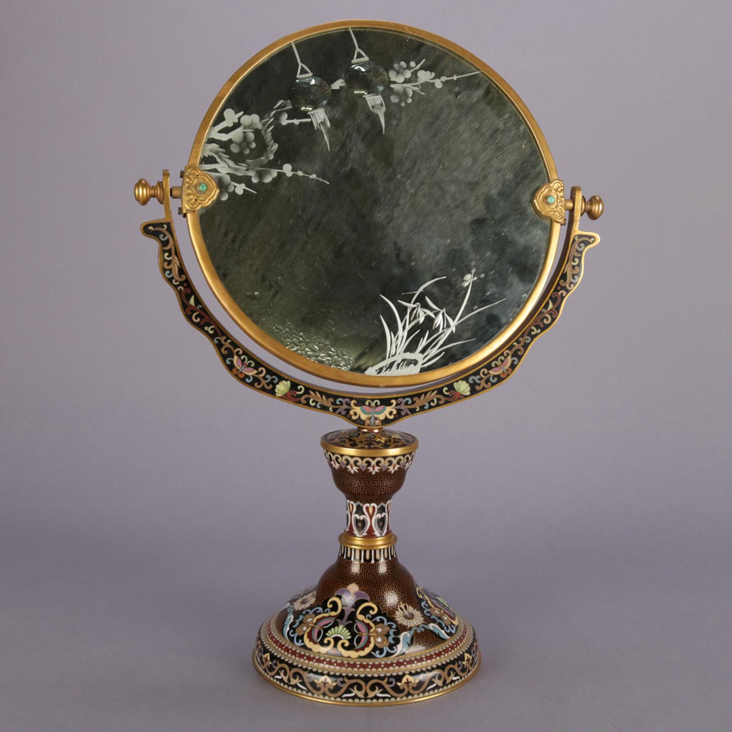 Antique Chinese Cloisonné Vanity Mirror with Etched Glass, 19th Century 8