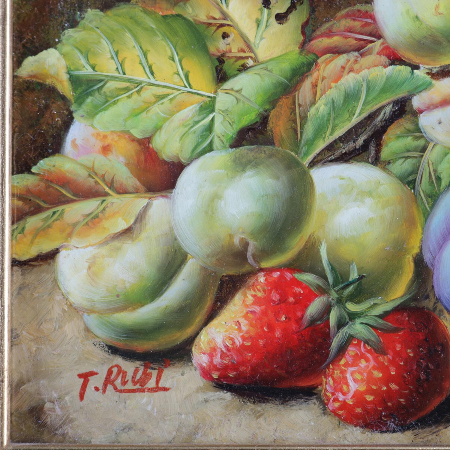 Contemporary oil on board still life painting depicts fruit and leaf grouping, signed lower left P. Rui, seated in giltwood frame, 20th century

Measures: Frame 11.75