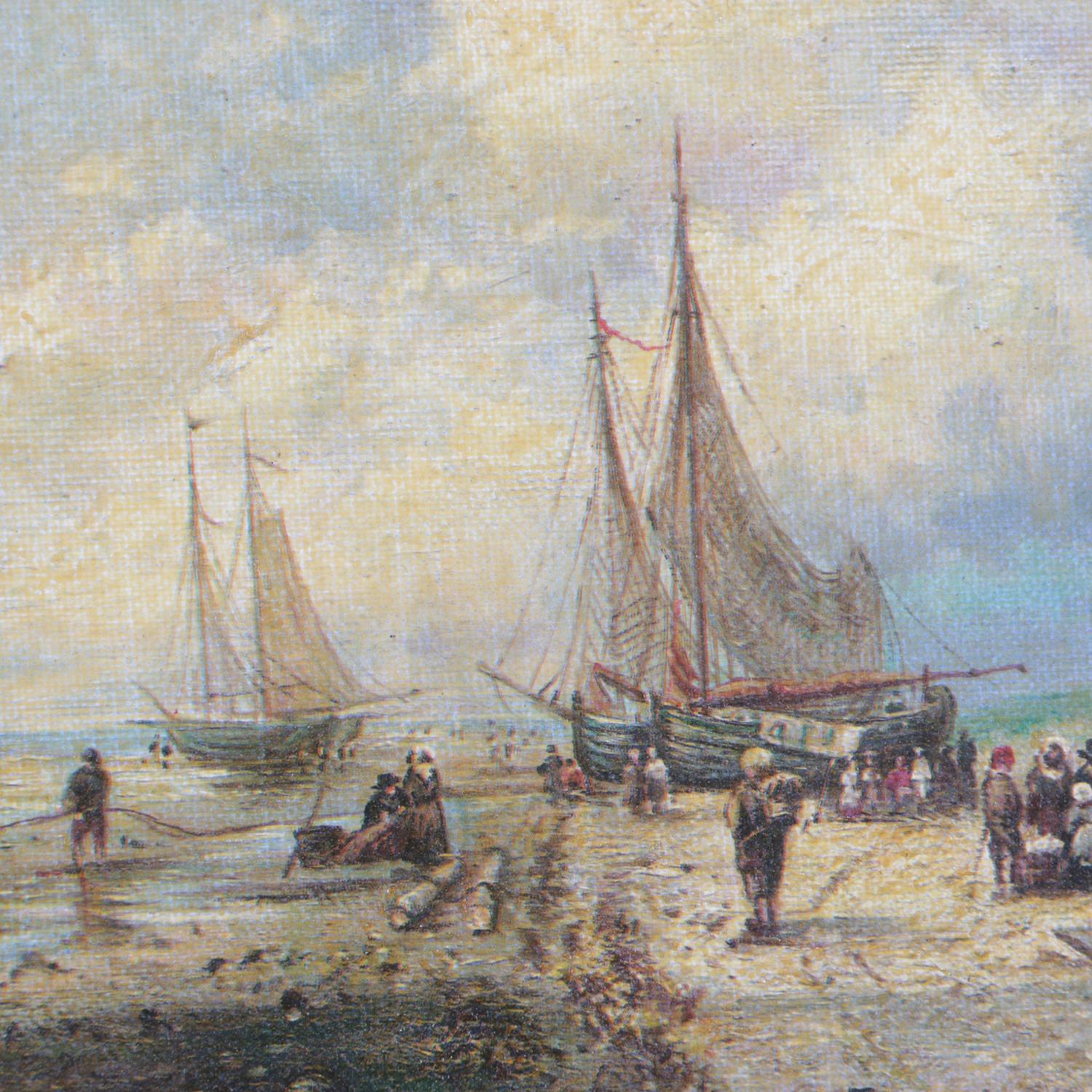 Framed English lithograph on canvas depicts harbor scene with boats and figures on shore with fishing nets after C. Leickert by Higgins and Bowers, seated in giltwood frame, english maritime print of c leickert in gilt wood frame, en verso stamped