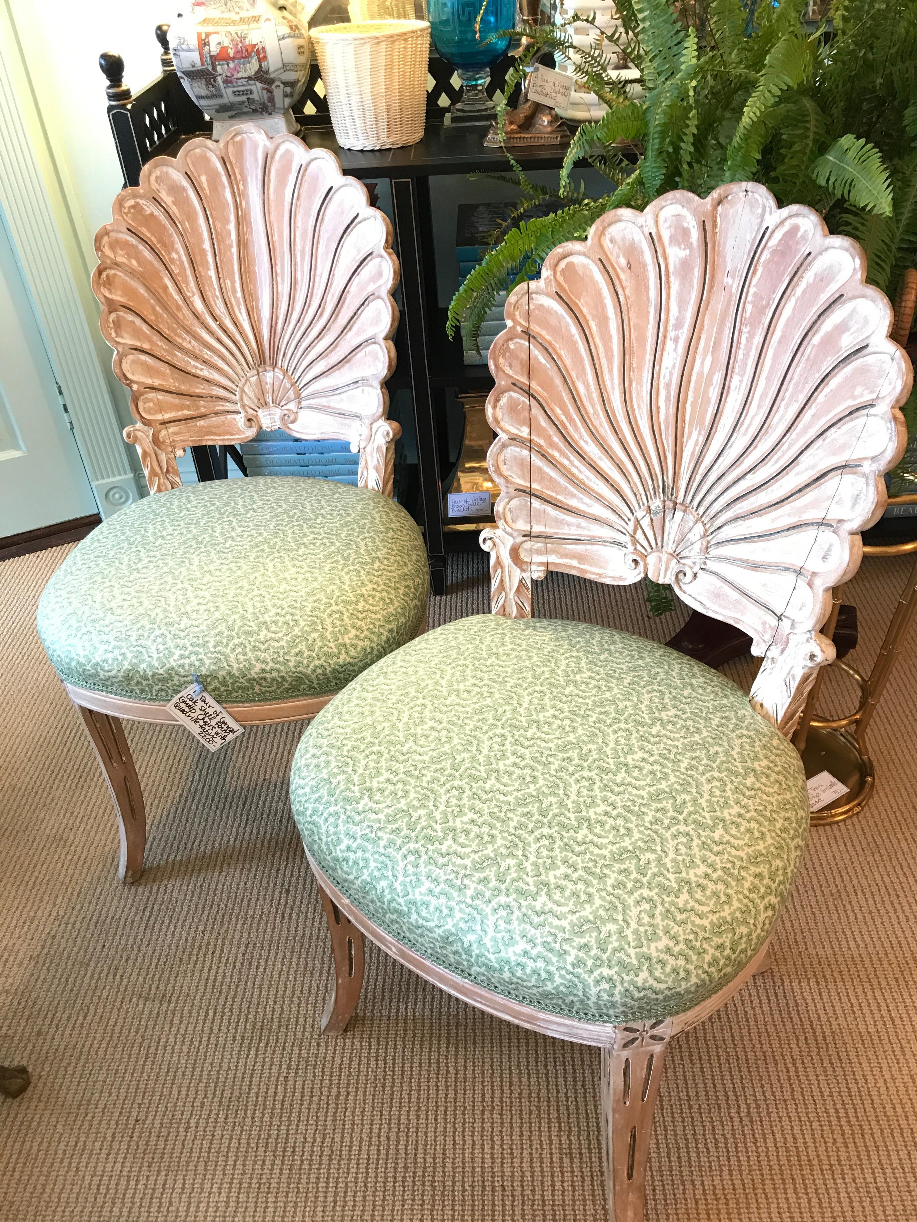 Carved Pair of Vintage Cerused Oak Shell Form Grotto Chairs