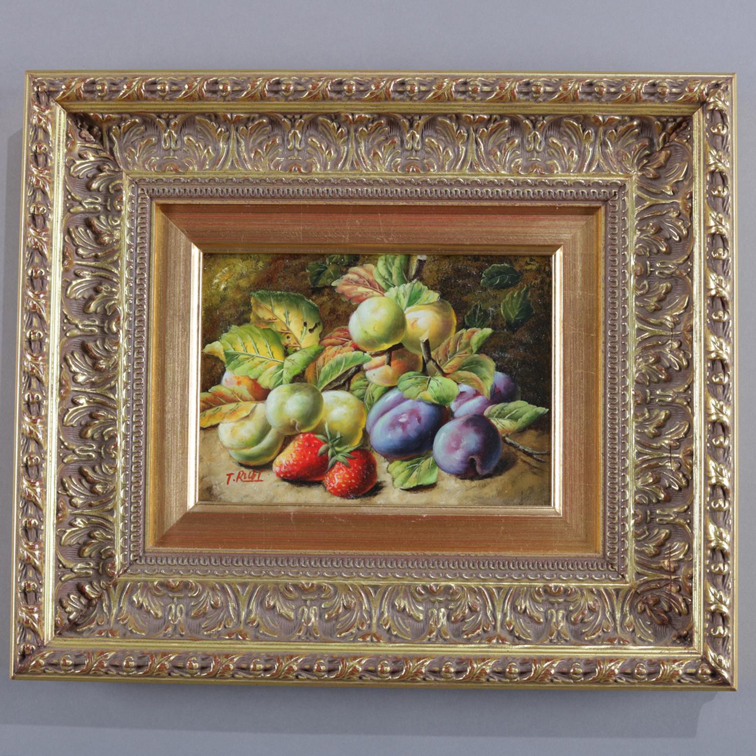 Oil on Board Fruit and Foliate Still Life Painting, Signed P. Rui, 20th Century 2