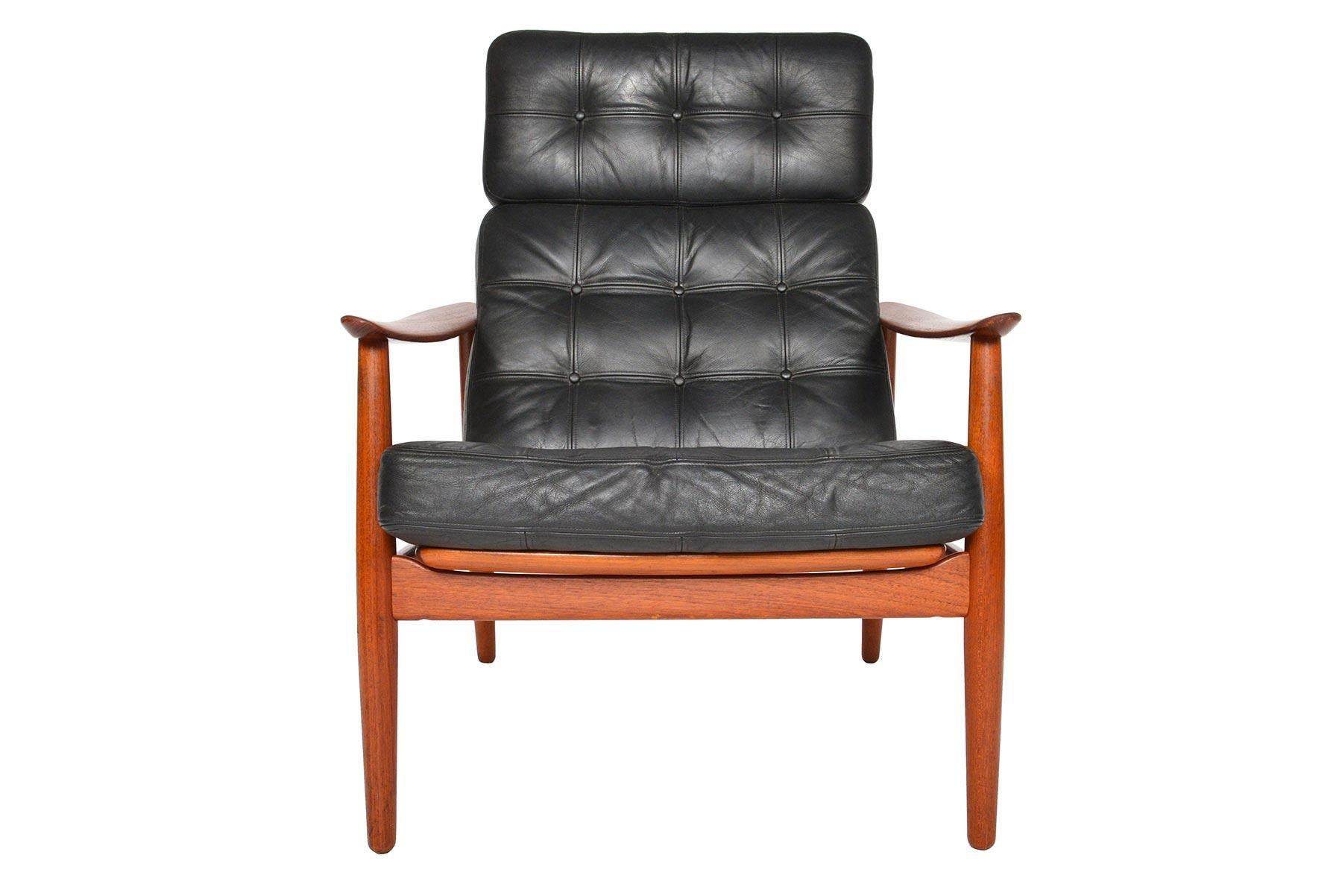 Arne Vodder Model 164 Leather and Teak High Back Reclining Lounge Chair In Excellent Condition In Berkeley, CA