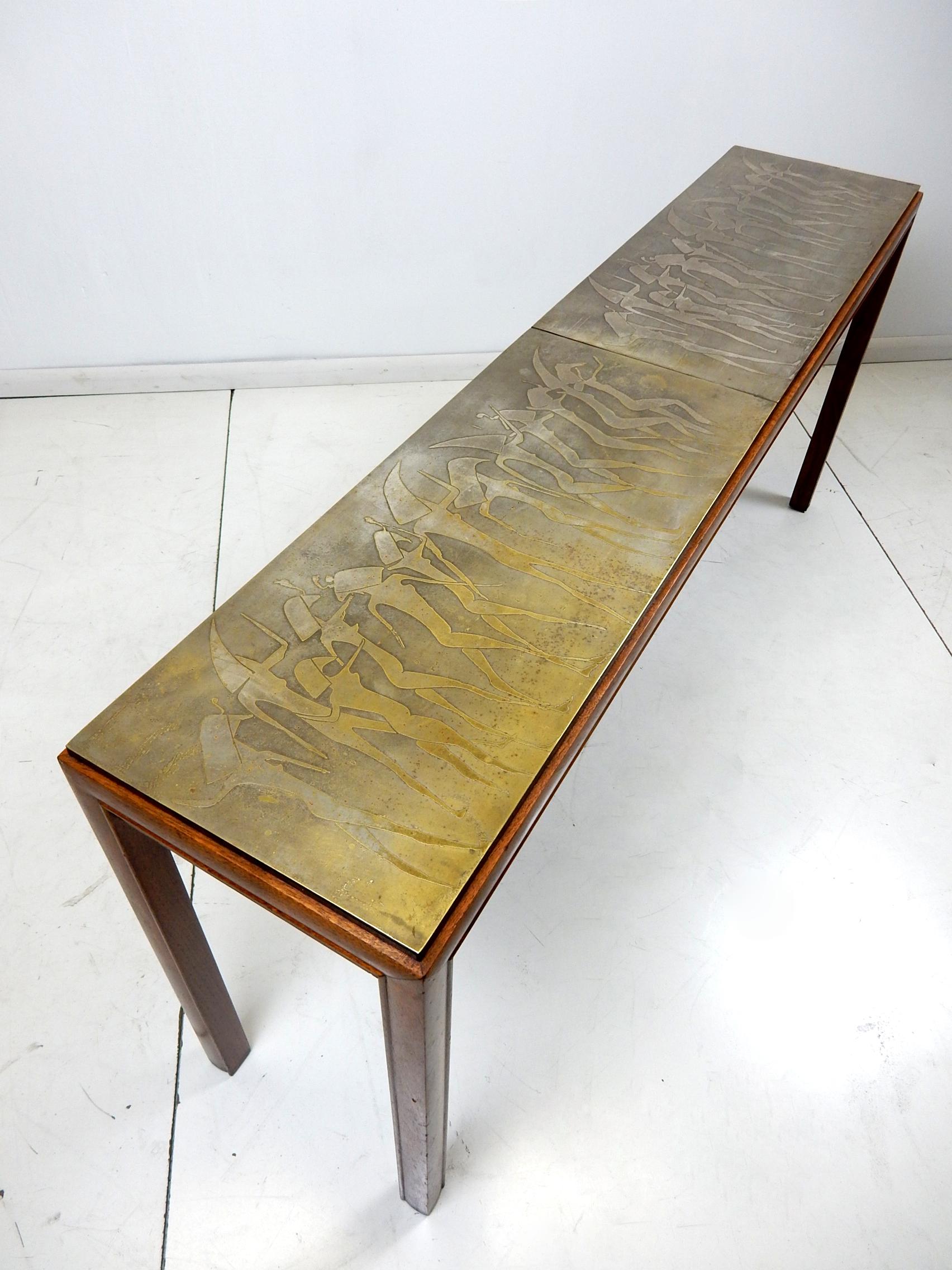 Surrealist Etched Bronze Console Sofa Table in the style of Phillip LaVerne 4