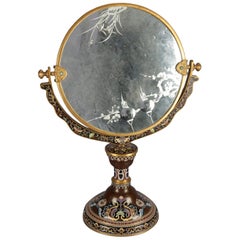 Antique Chinese Cloisonné Vanity Mirror with Etched Glass, 19th Century