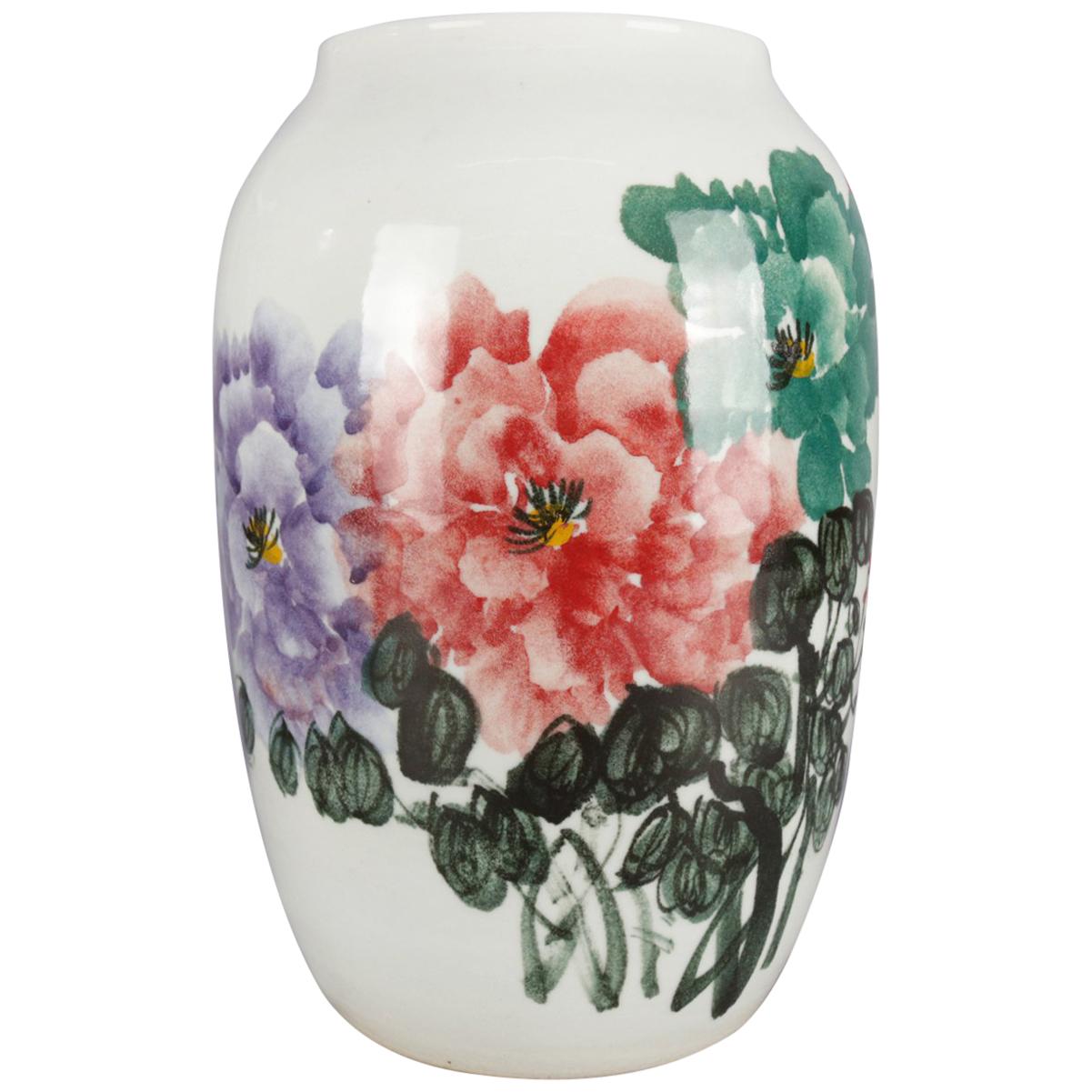 Chinese Hand-Painted Floral Porcelain Vase, Chop Mark Signed, 20th Century