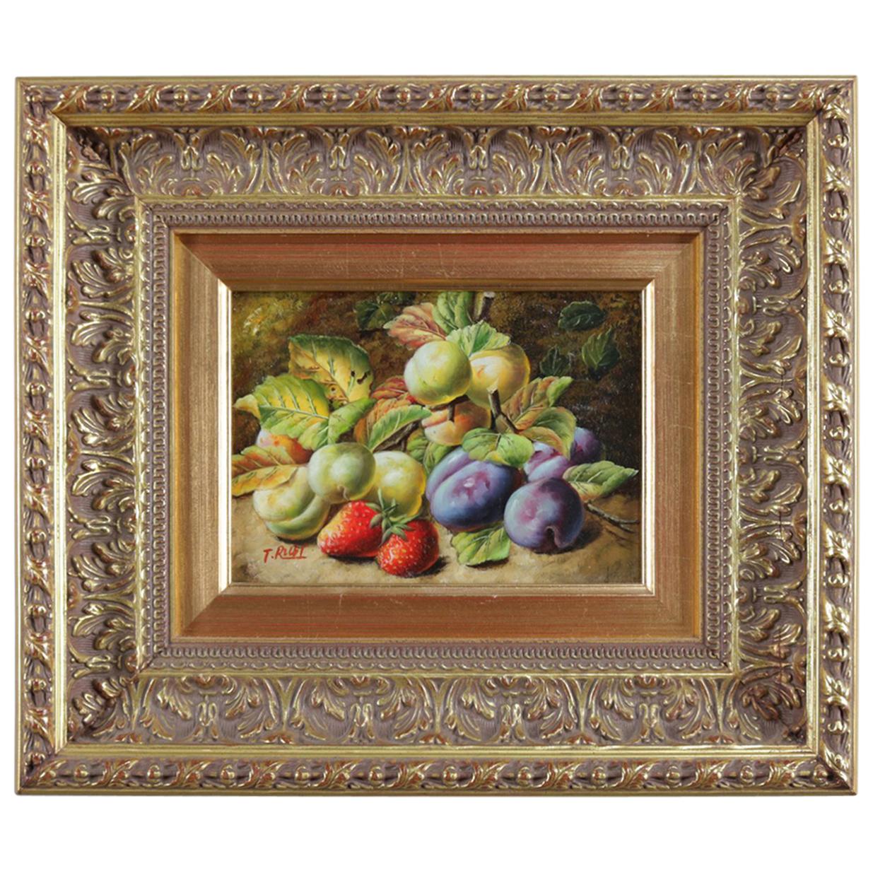 Oil on Board Fruit and Foliate Still Life Painting, Signed P. Rui, 20th Century