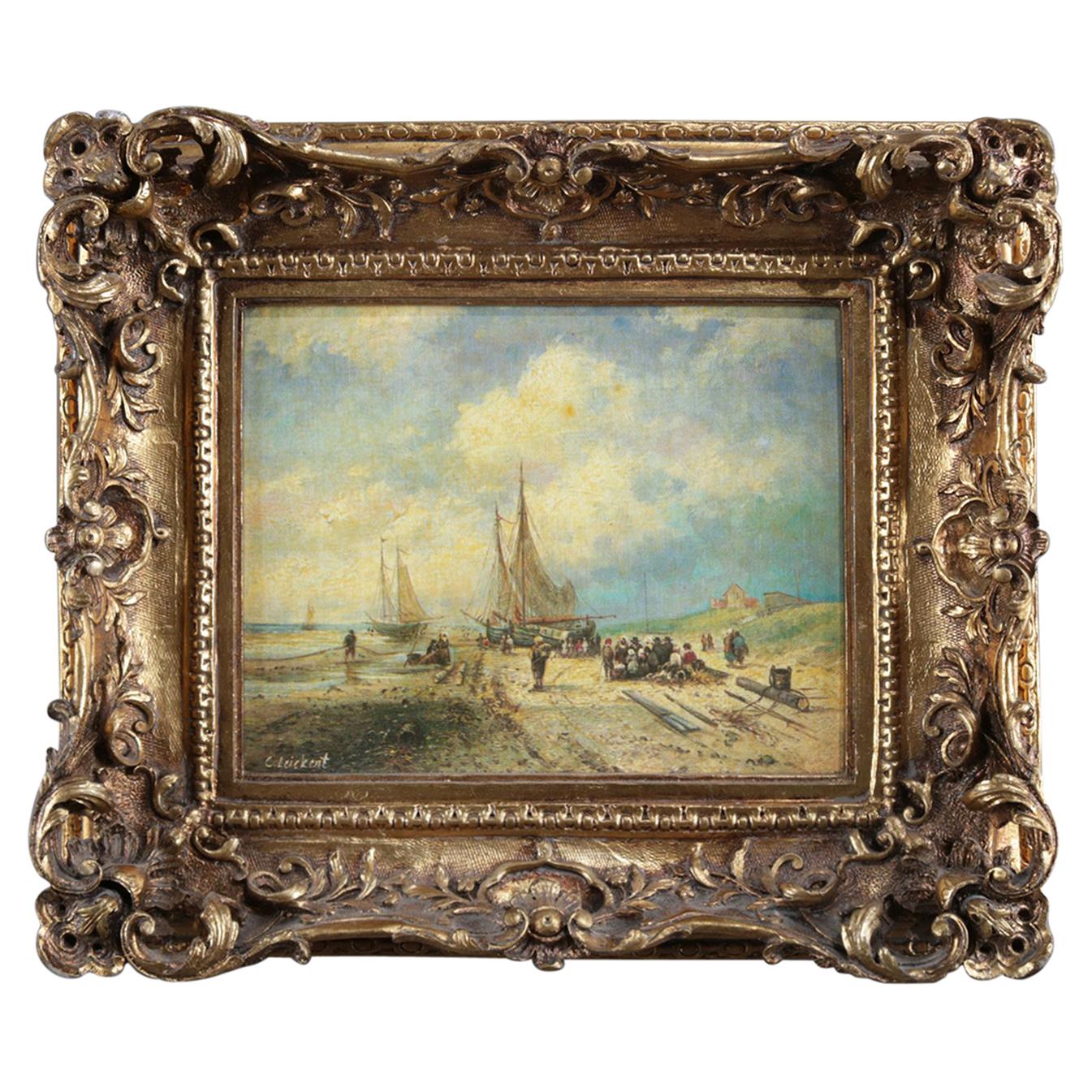 Frame English Maritime Harbor Lithograph on Canvas after C. Leickert