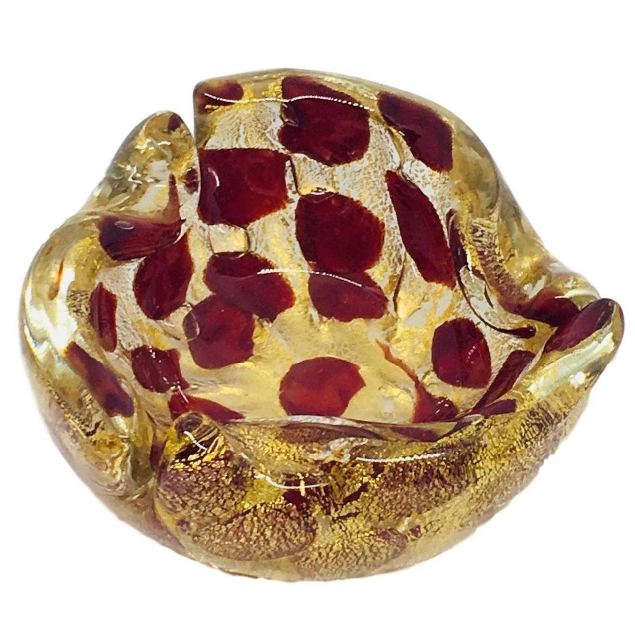 Murano Art Glass Bowl Gold Flake and Red Vintage, Italy, 1950s