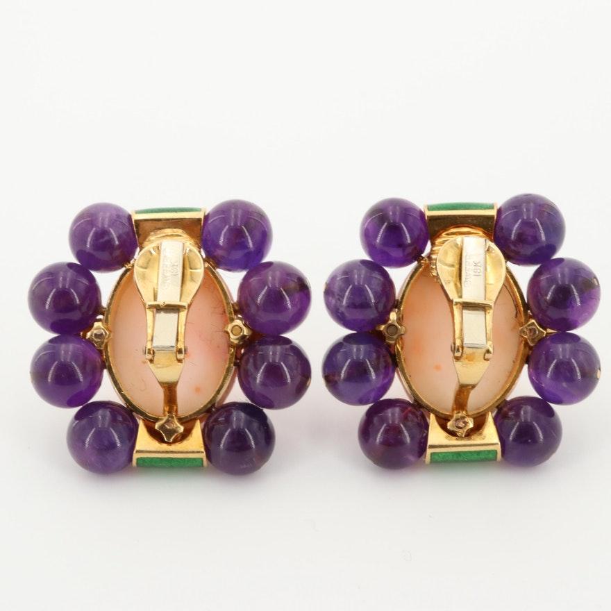 Oval Cut David Webb Purple Amethyst and Enamel 18 Karat Yellow Gold Coral Earrings