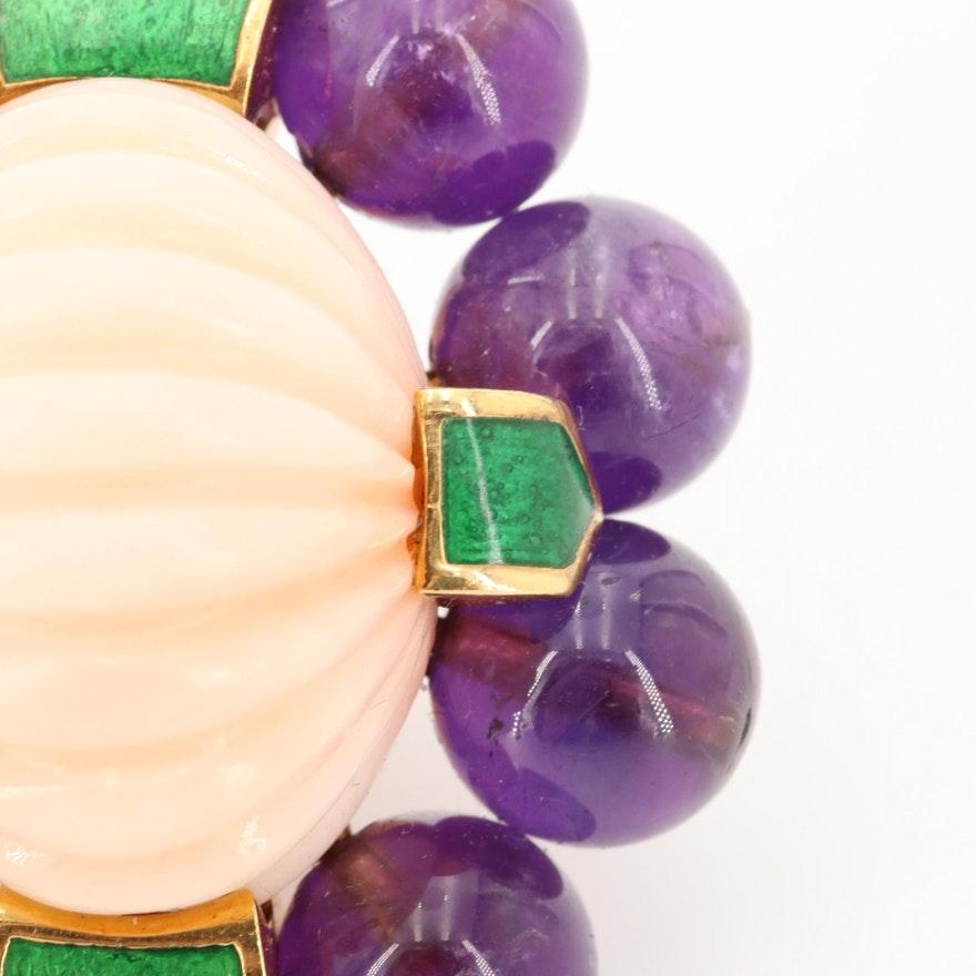 Women's David Webb Purple Amethyst and Enamel 18 Karat Yellow Gold Coral Earrings