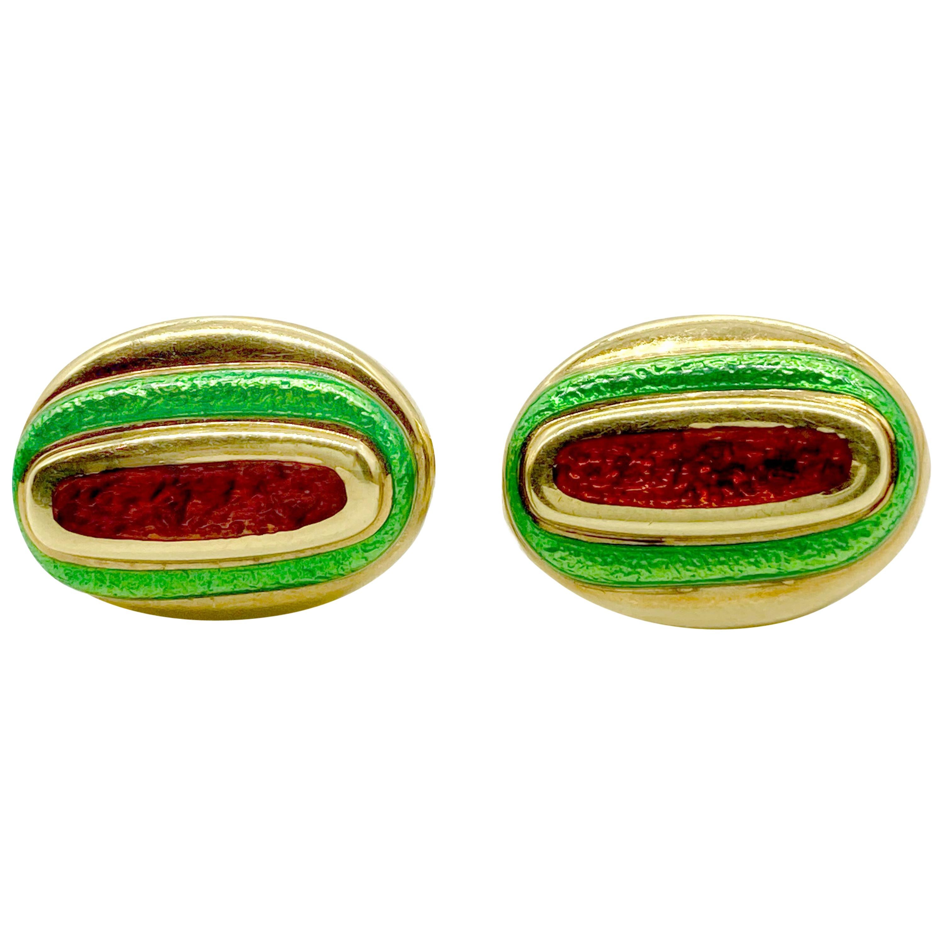 David Webb Red and Green Enamel Yellow Gold Cufflinks