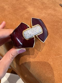 David Webb Red Enamel Diamond 18K Yellow Gold Cuff Bracelet, 1980s–1990s