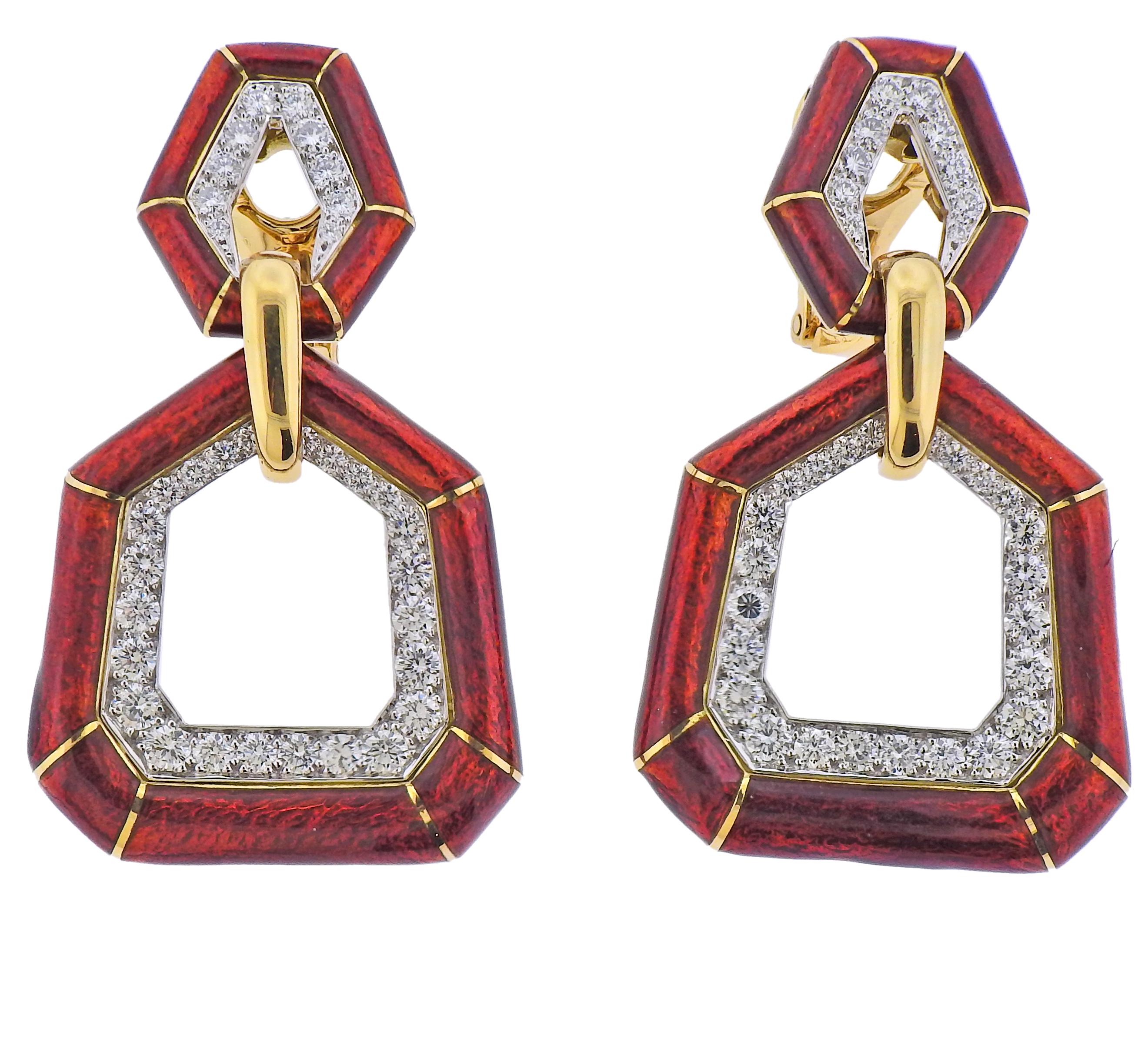 Pair of 18k gold and platinum doorknocker Bamboo earrings by David Webb, with red enamel and approx. 3.50cts in diamonds. Earrings are 55mm x 33mm.Weight - 50.4 grams. Marked: David Webb, 18k, 900PT, DS218.