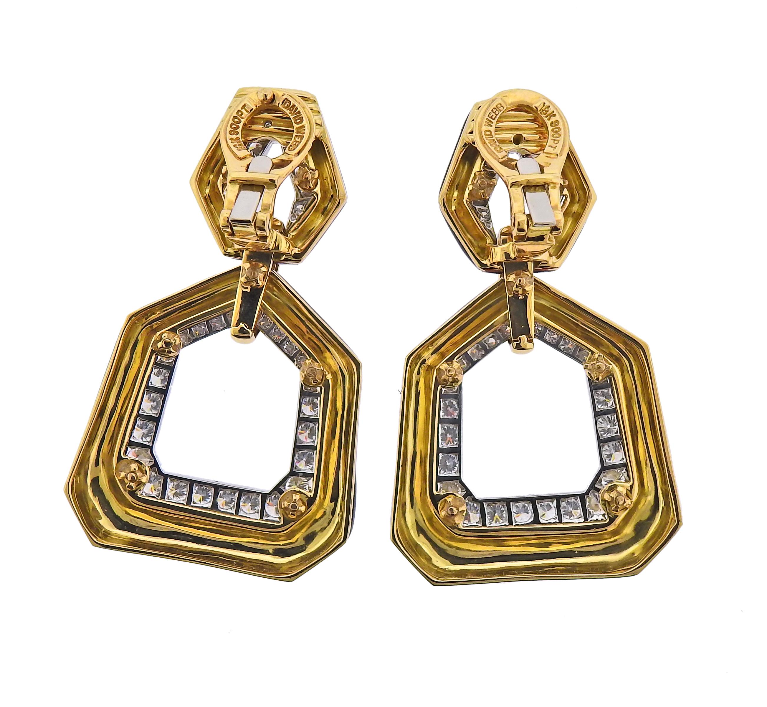 David Webb Red Enamel Diamond Gold Platinum Bamboo Doorknocker Earrings In Excellent Condition In Lambertville, NJ